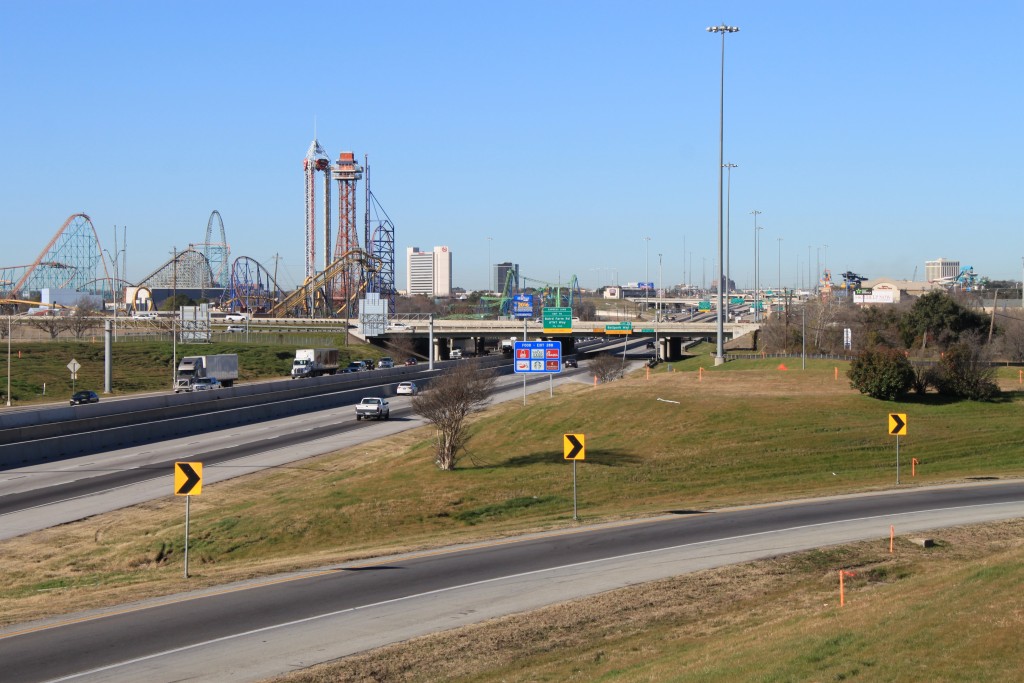 Looking west on I-30 with Six Flags in the background.