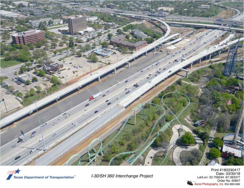 Ariel photograph taken March 2018 over Copeland Roadand I-30 looking northeast showing direct connectors from eastbound I-30 to southbound SH 360, and new main lanes and direct connector from southbound SH360 to westbound I-30.