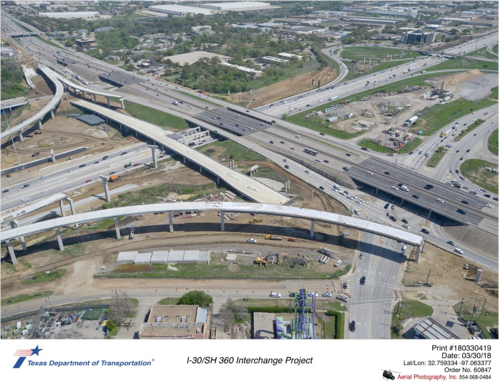 Aerial photography taken March 2018 over SH 360 looking northeast. Direct connectors from eastbound I-30 to southbound SH 360 and from northbound SH 360 to westbound I-30.