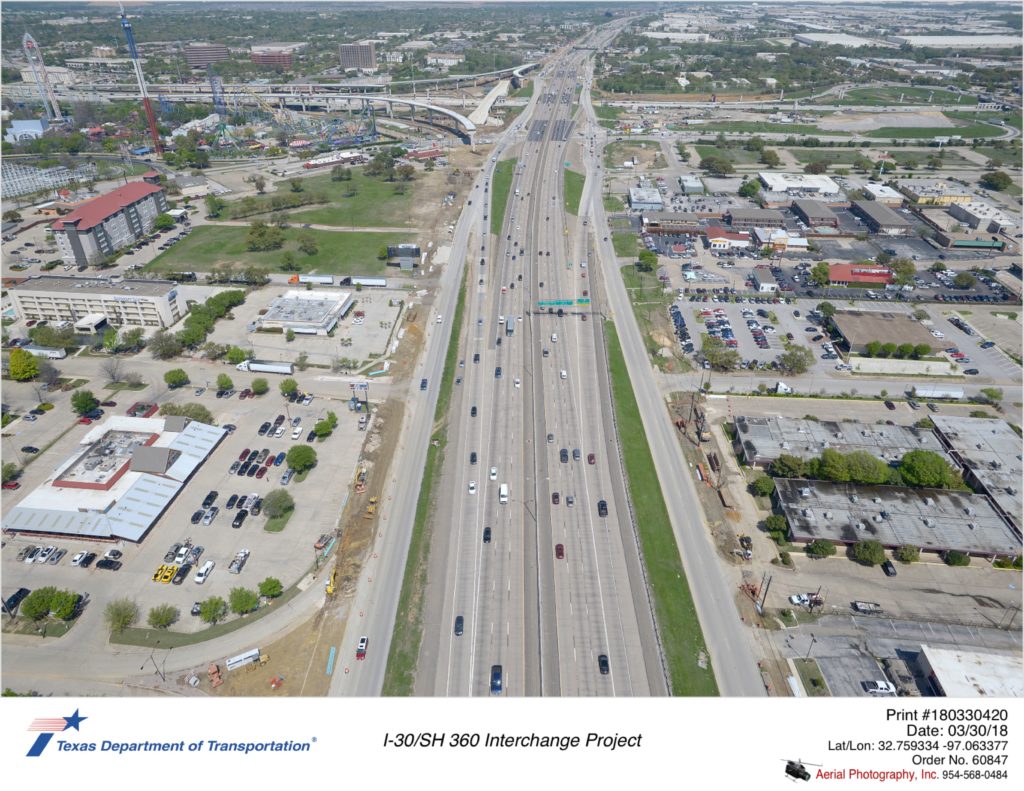 Aerial photography taken March 2018 over SH 360 looking north. Can clearly see the view of the direct connectors coming from east I-30 to south SH 360. Also direct connectors coming from north SH 360 flowing to west I-30.