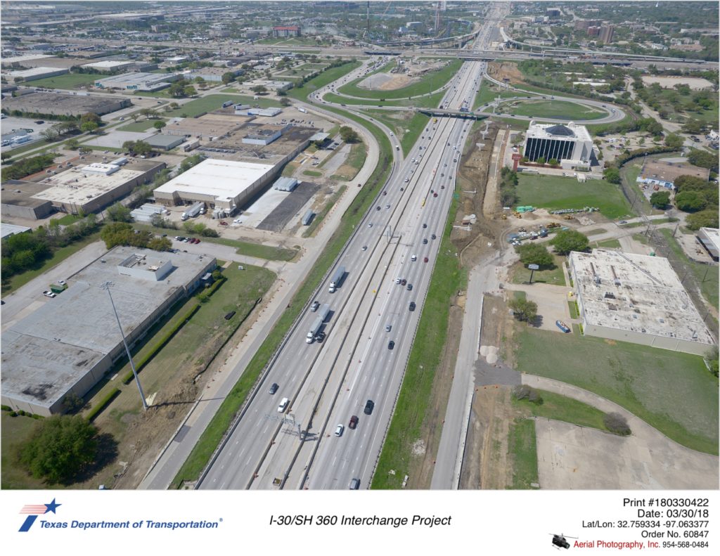 Aerial photography taken March 2018 over I-30 looking west. Collector-distributor from I-30 westbound onto six flags dr. collector-distributor also from 360 southbound to I-30 Eastbound as well as I-30 westbound.