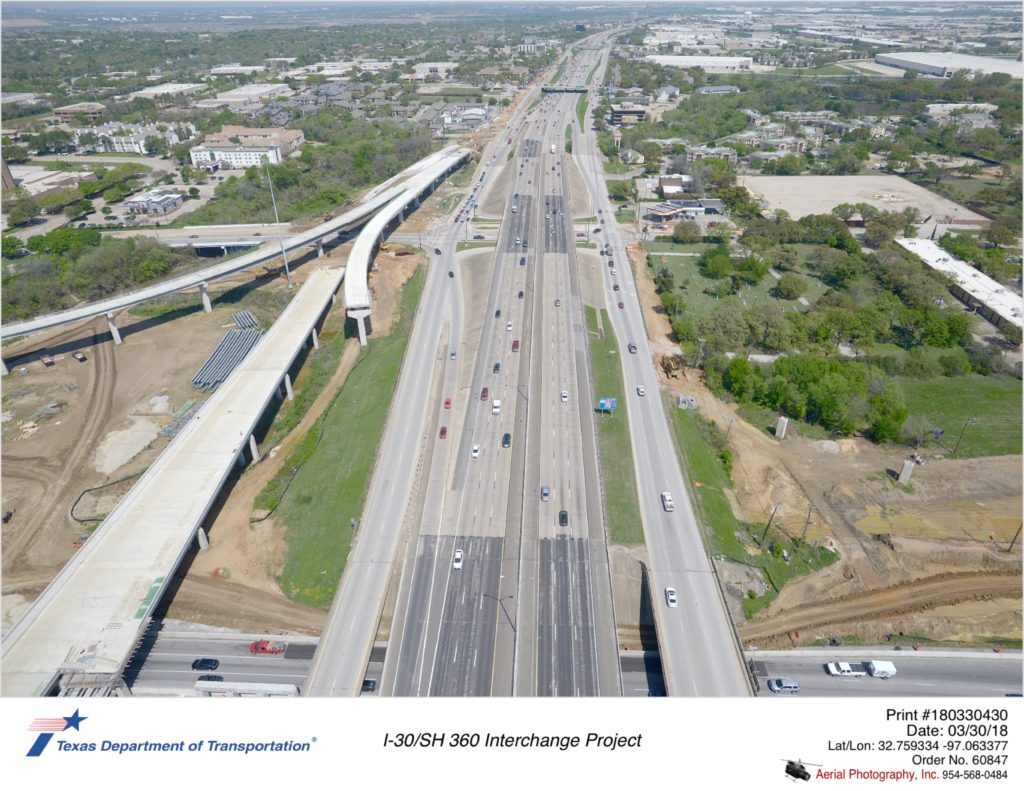 Ariel photograph taken March 2018 over northbound SH 360. New direct connectors shown from northbound SH 360 to westbound I-30