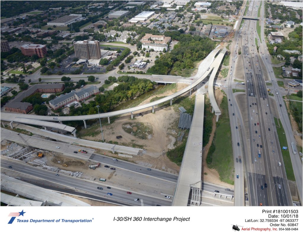 SH 360 looking north over I-30 at new southbound frontage road bridge over I-30