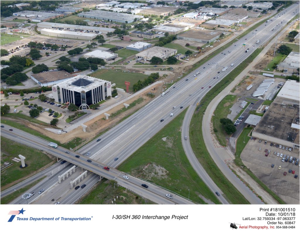 I-30 looking northeast over SH 360/Six Flags Dr interchange