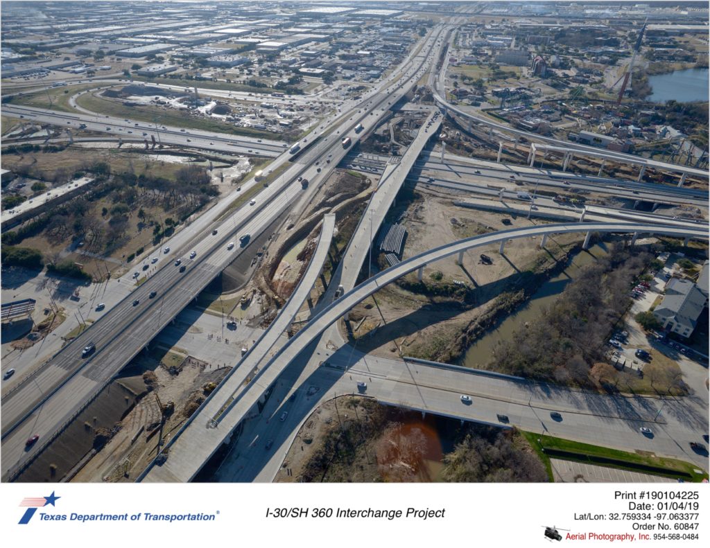 I-30/SH 360 interchange looking southeast with Lamar Blvd in foreground