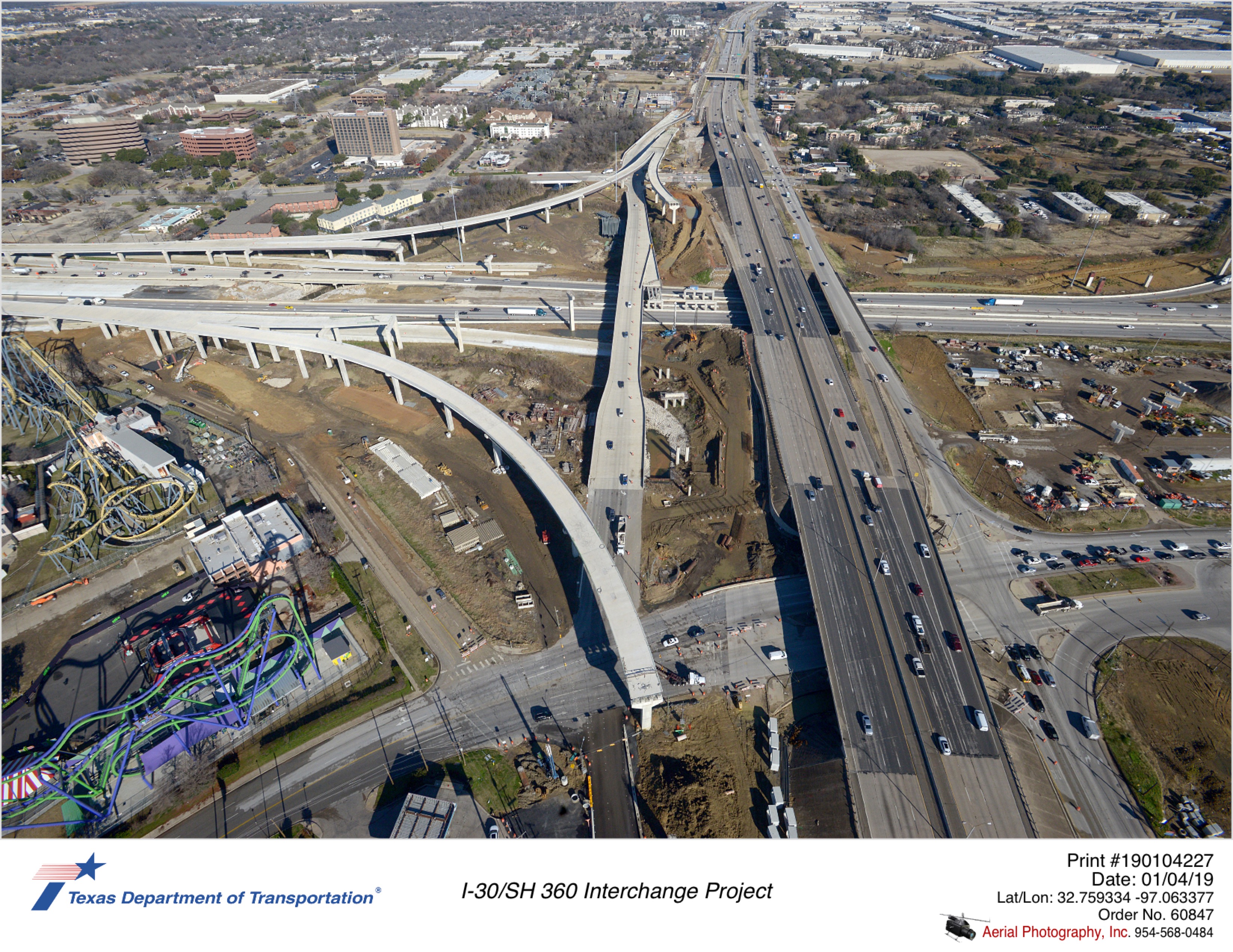 I-30/SH 360 interchange looking north with Six Flags Dr in foreground