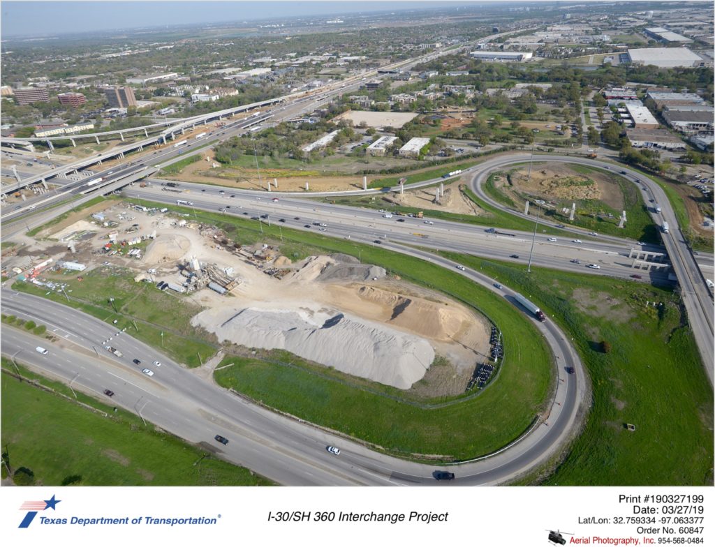I-30/SH 360 interchange looking northwest with Six flags Dr connection ramps in foreground.