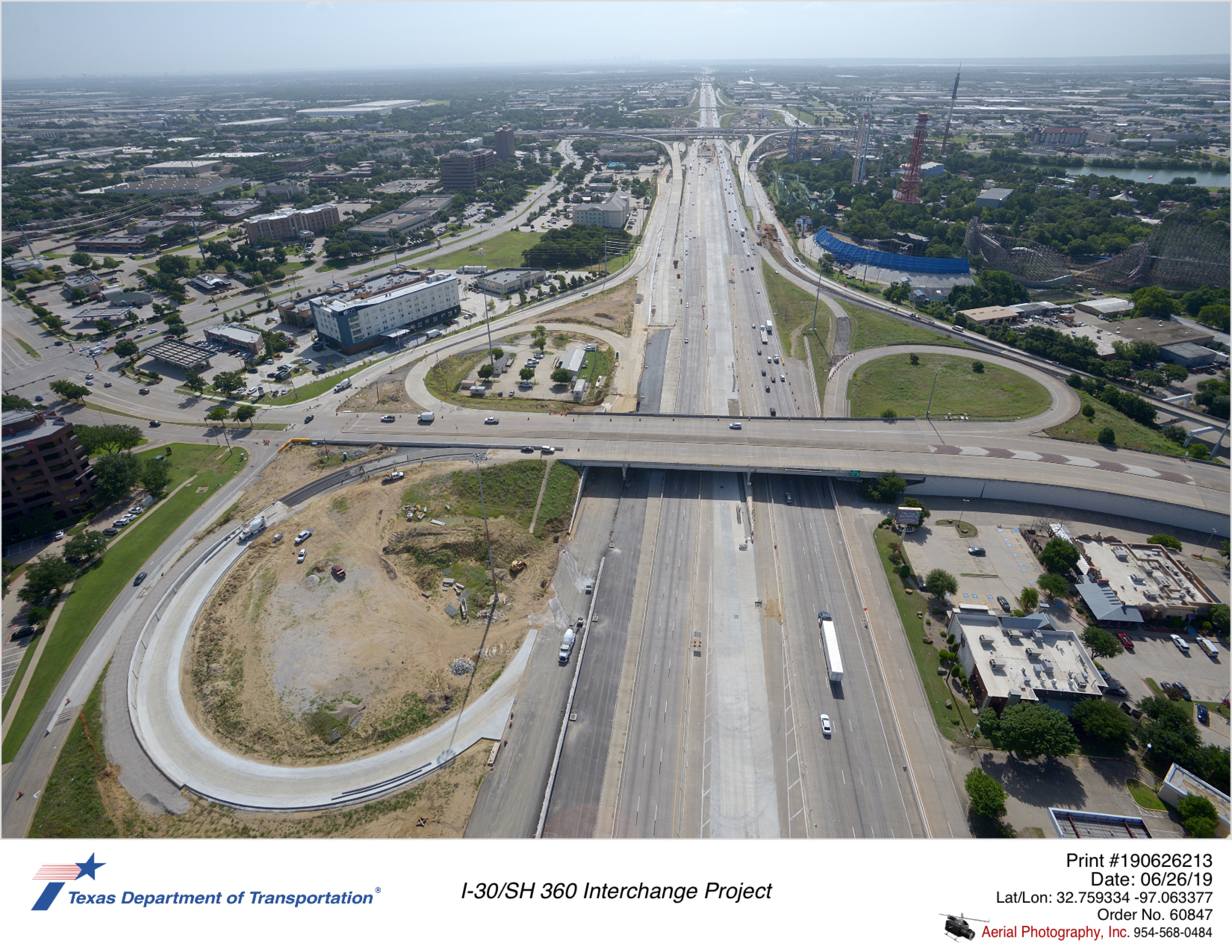 I-30/Ballpark Way interchange over I-30 looking east. Ballpark Way in foreground.