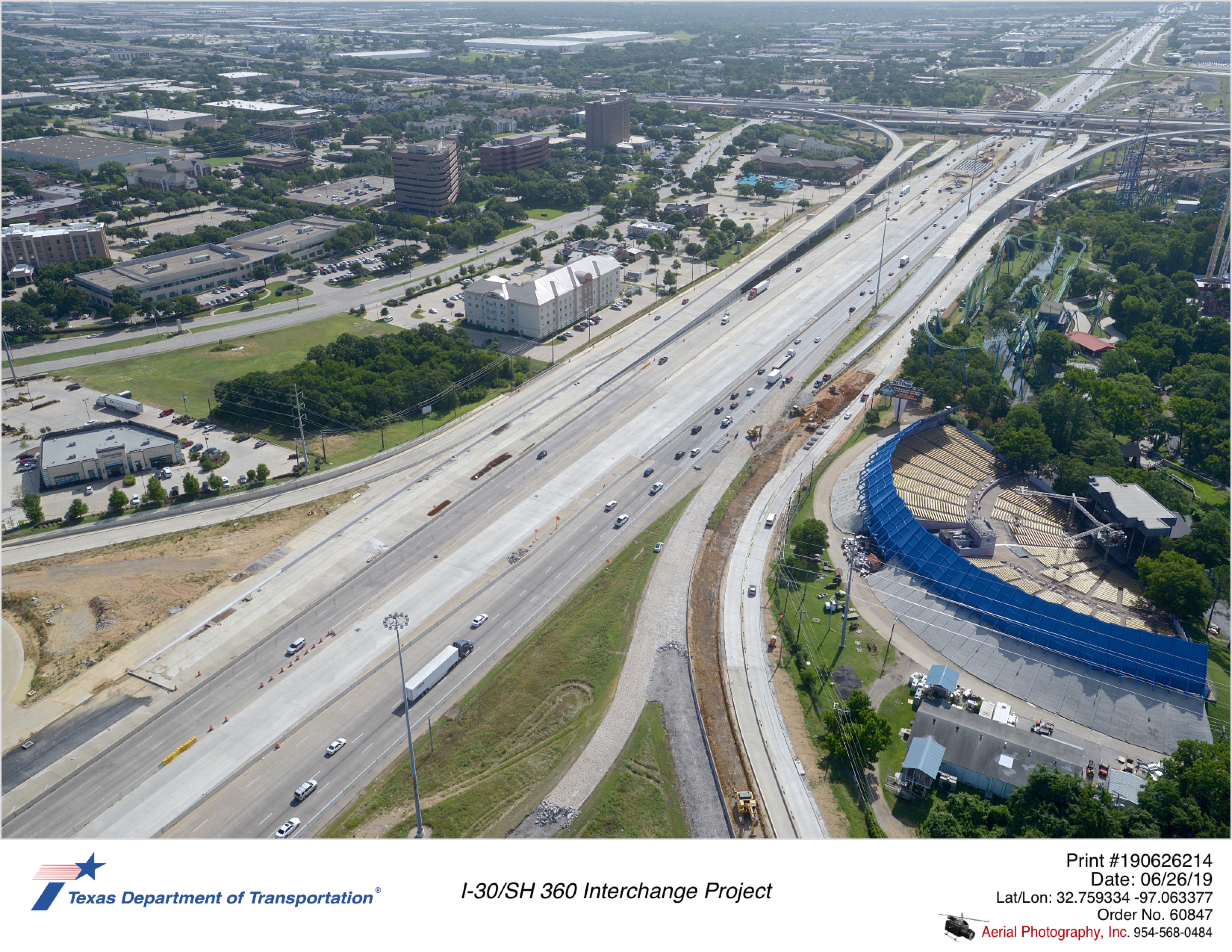 I-30 over Ballpark Way looking northeast. Construction of new Copeland Rd and new eastbound exit to Copeland Rd seen.