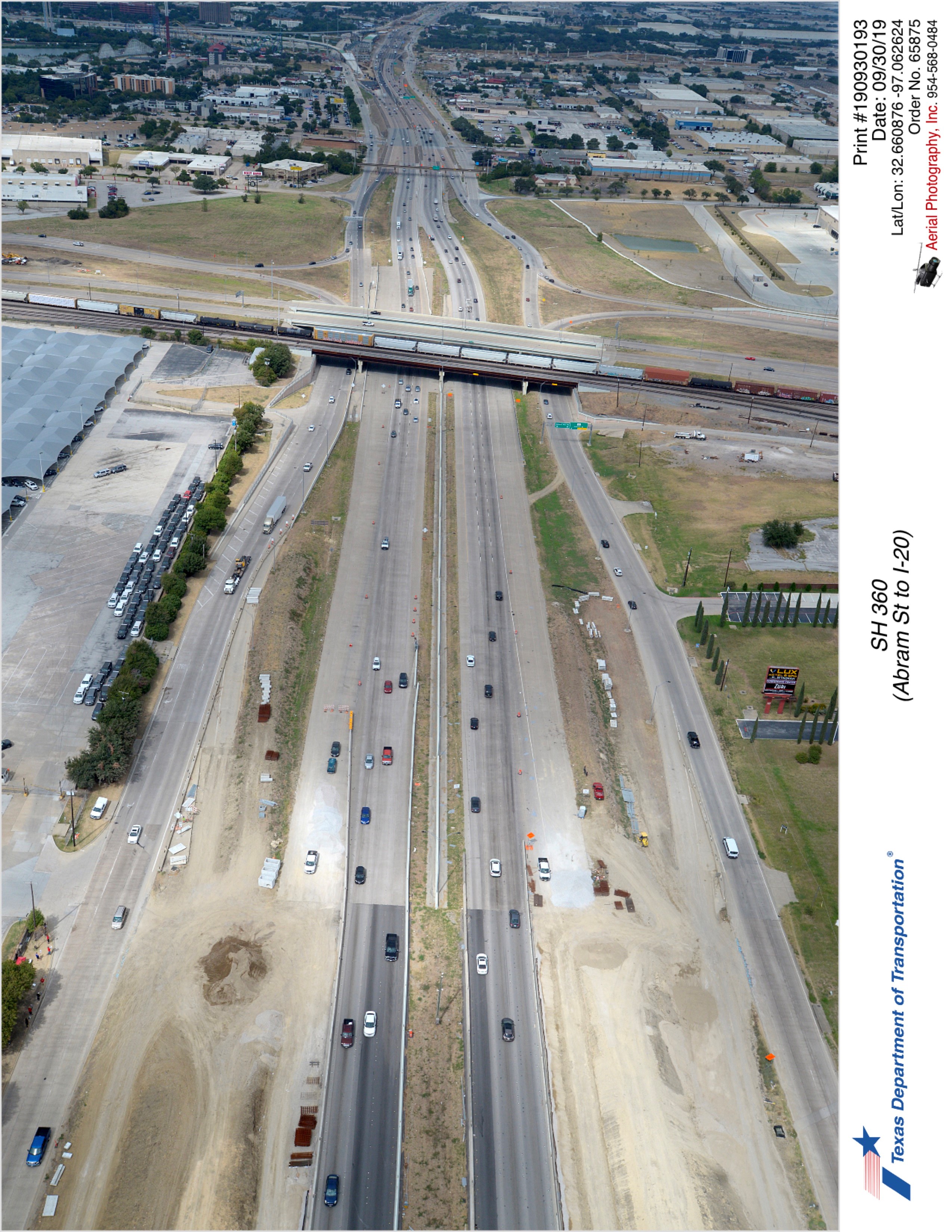 SH 360 looking north at the Division St interchange. Construction of new access ramps is shown in foreground.