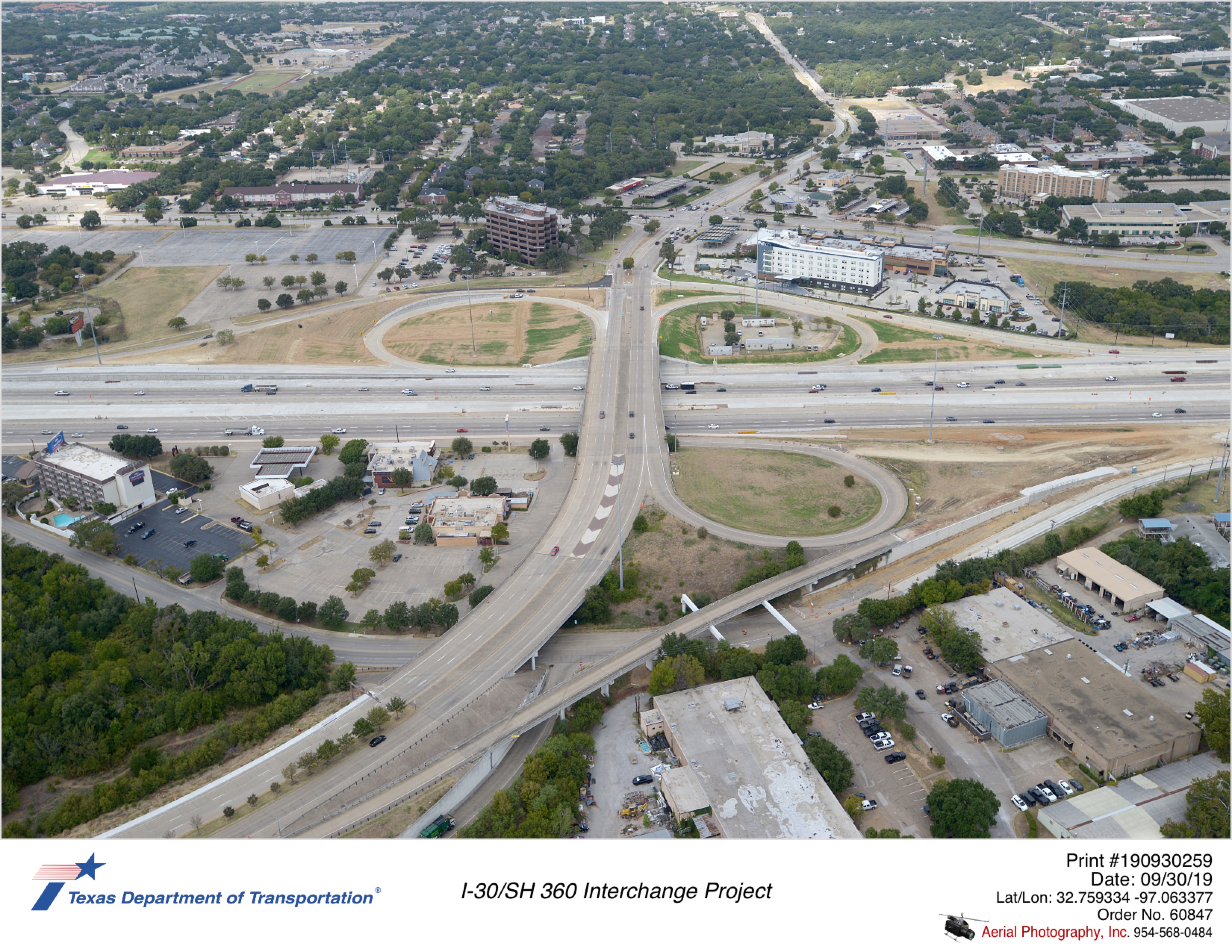I-30 construction at Ballpark Way interchange looking north. Completed westbound exit to southbound Ballpark Way.