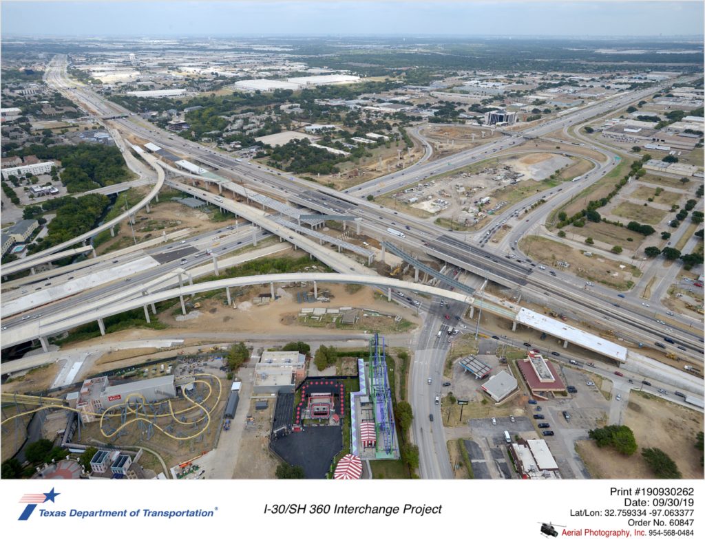 I-30/SH 360 interchange looking northeast. Construction of Copeland Rd between Johnson Creek and Six Flags Dr. Construction of SH 360 southbound mainalne bridges.