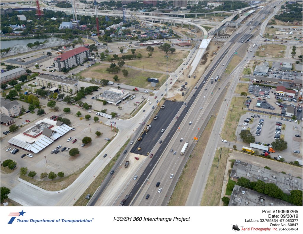 SH 360 looking north to I-30. Construction of direct connector landings for SH 360 southbound mainlanes.