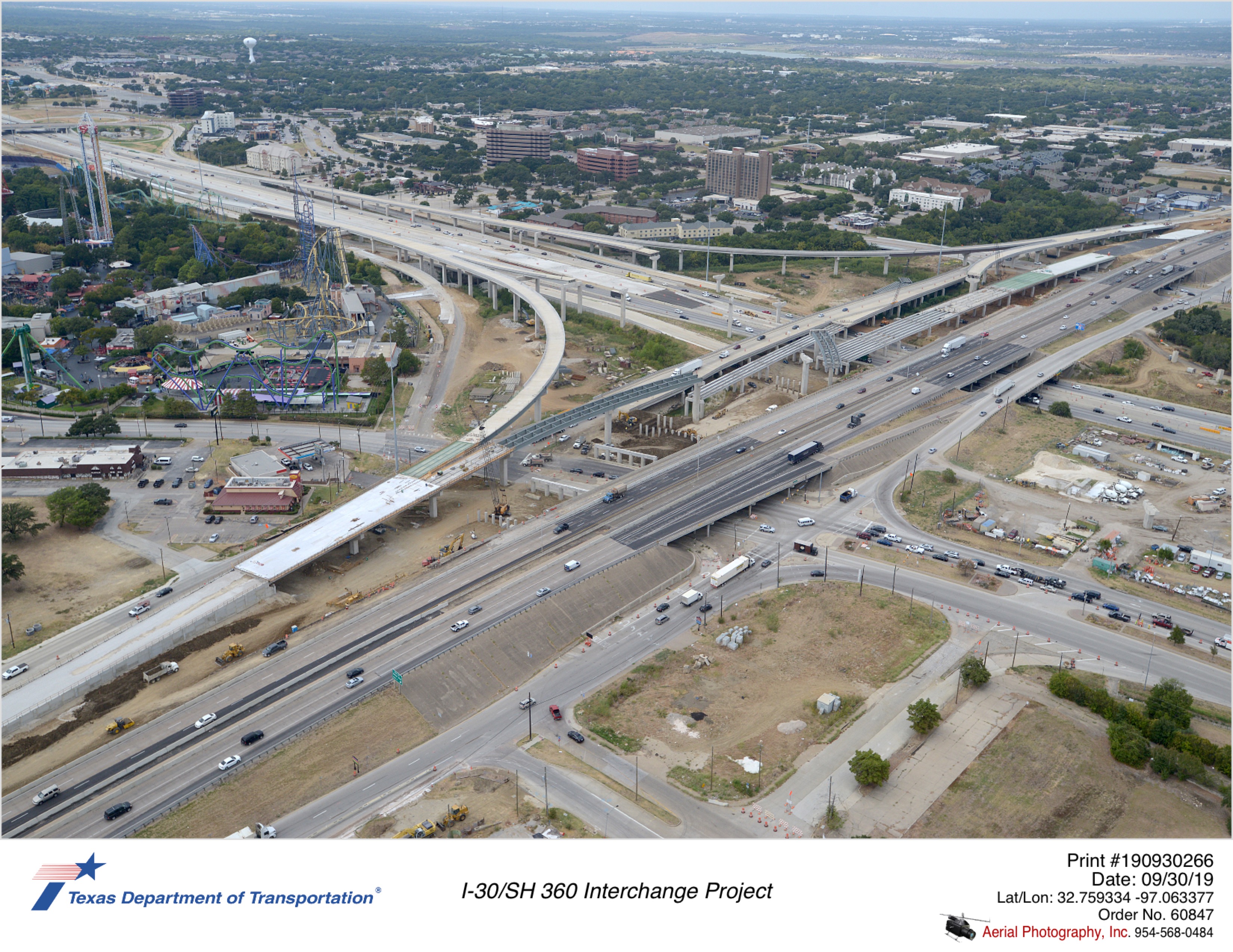 I-30/SH 360 interchange looking northwest with Six Flags Dr interchange in foreground.