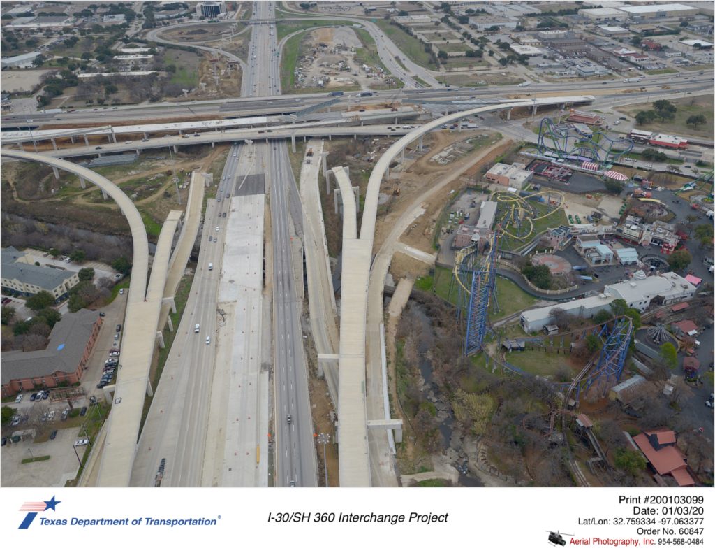 I-30 looking west at I-30/SH 360 interchange. Construction showing Copeland Rd progress south of Johnson Creek.