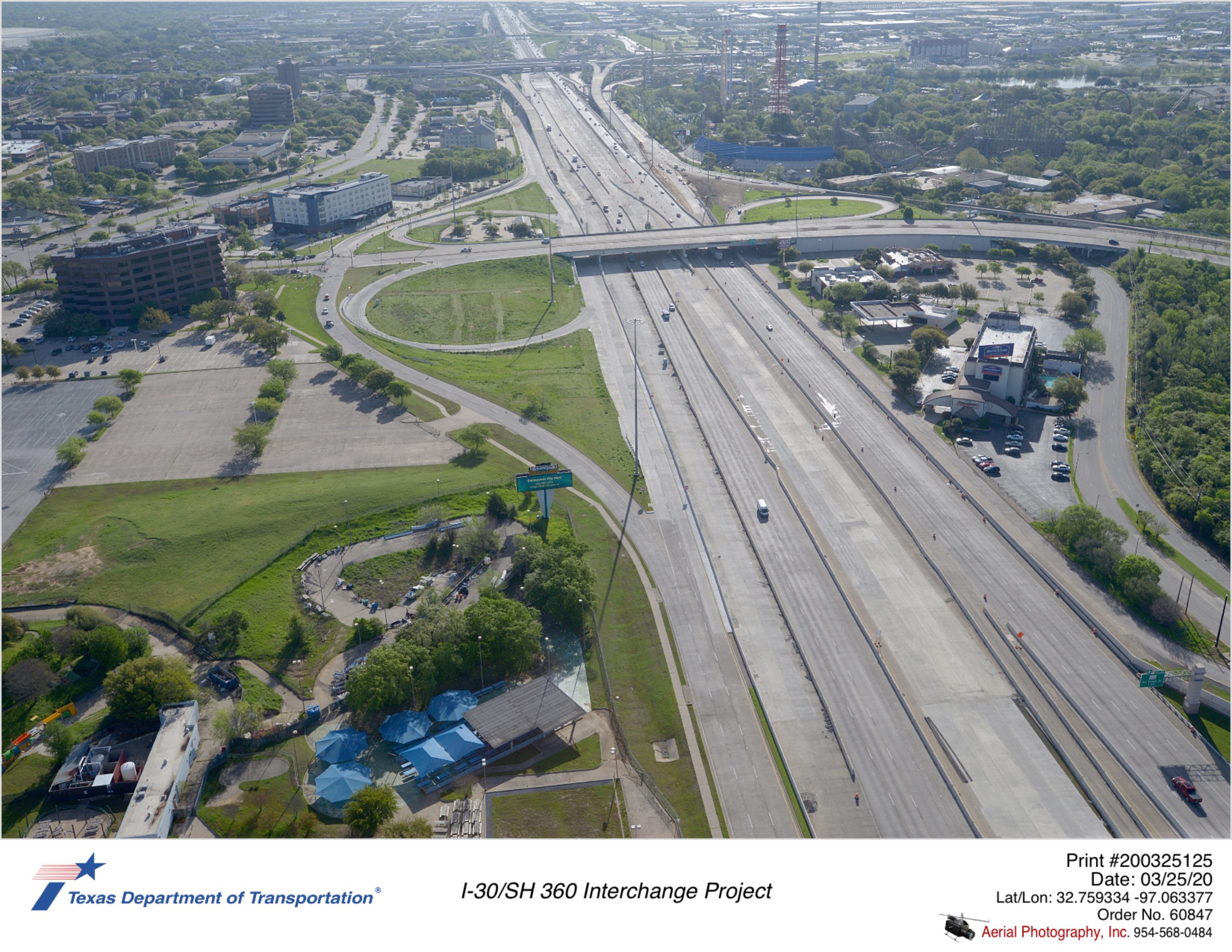 I-30 looking east with Ballpark Way interchange in mid-ground.