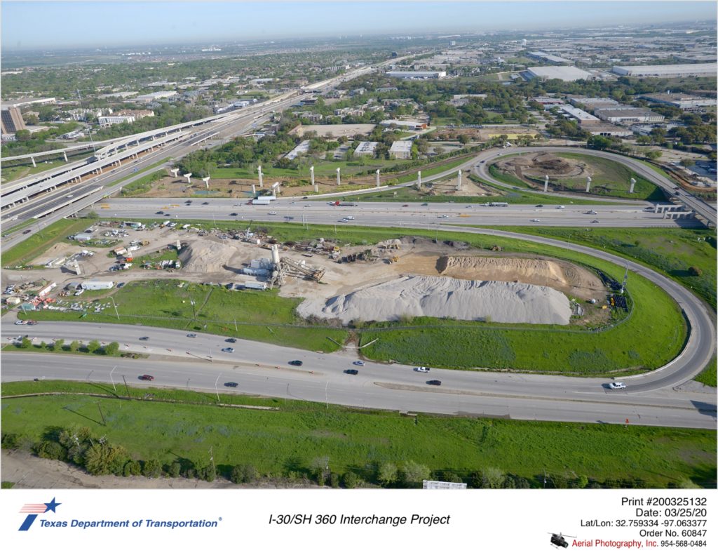 Six Flags Dr east of SH 360 is shown with bridge subsctructure work on the north side of I-30 completed.
