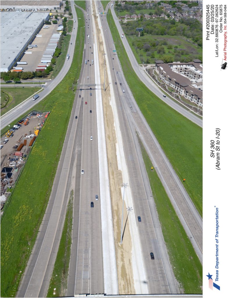 SH 360 looking north over I-20 interchange. Construction of new inside concrete lanes is shown in the median.