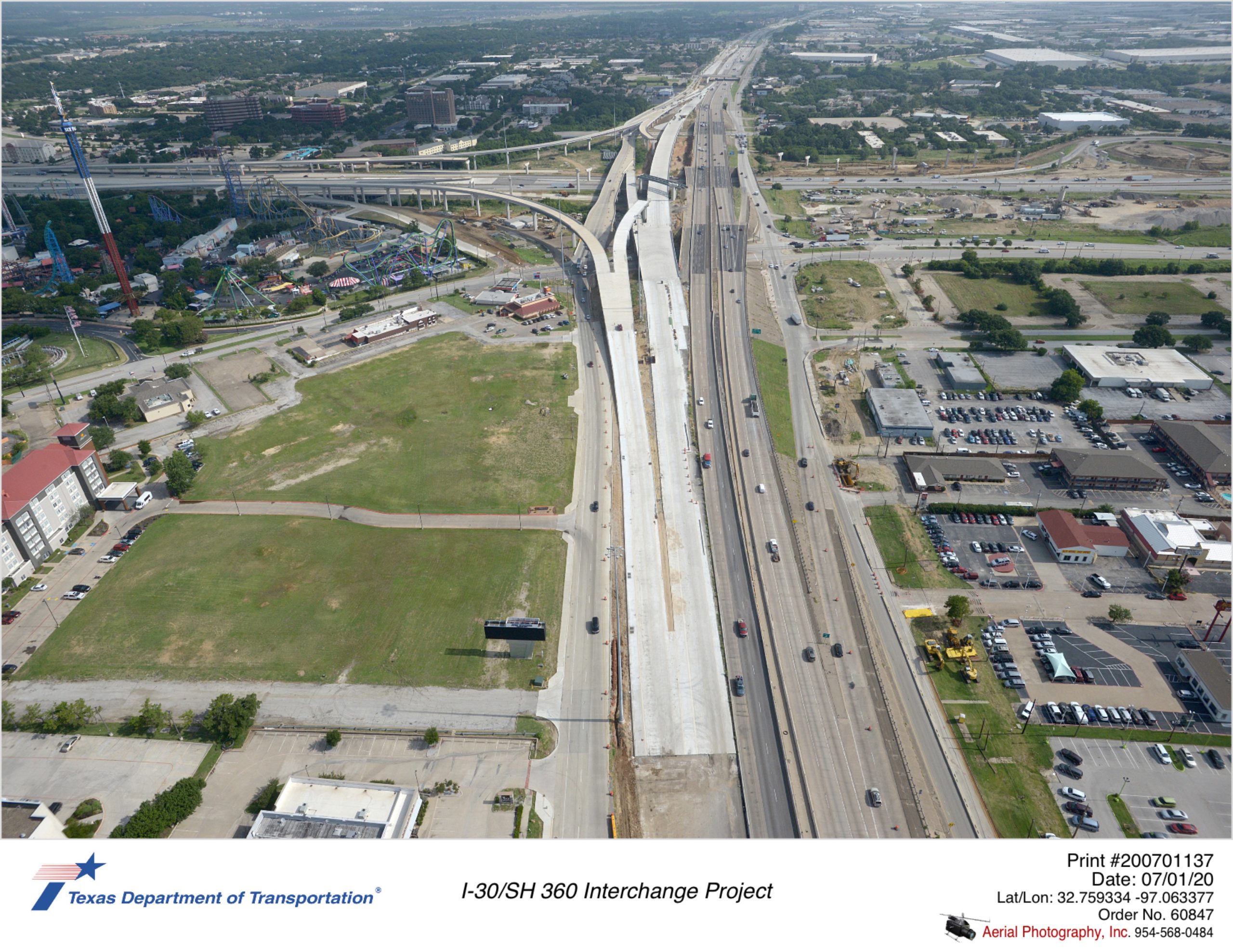 Looking north over SH 360 south of I-30. New southbound mainlane construction shown.