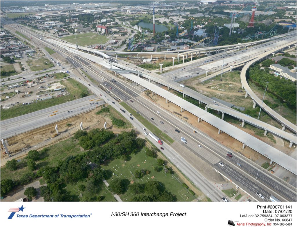 Looking southwest at I-30/SH 360 interchange. Construction of new southbound mainlanes shown.