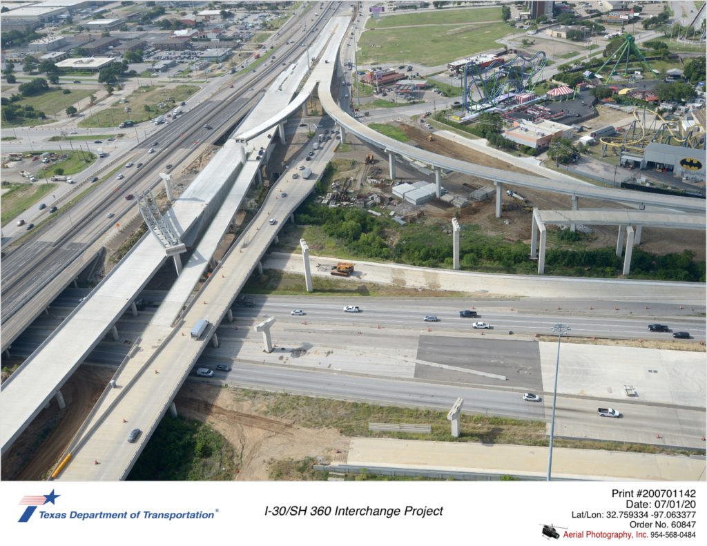 Looking south at I-30/SH 360 interchange. Construction of new southbound mainlanes shown.