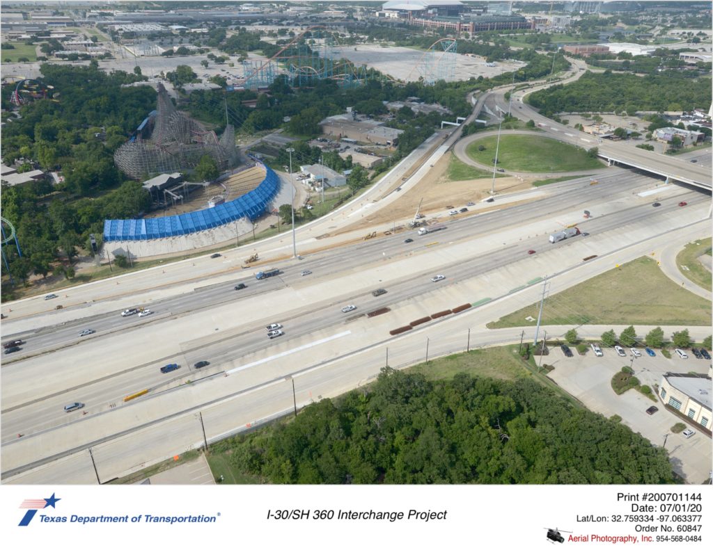 Looking southwest at I-30/Ballpark Way interchange. Copeland Rd construction and new eastbound exit to Copeland Rd shown.