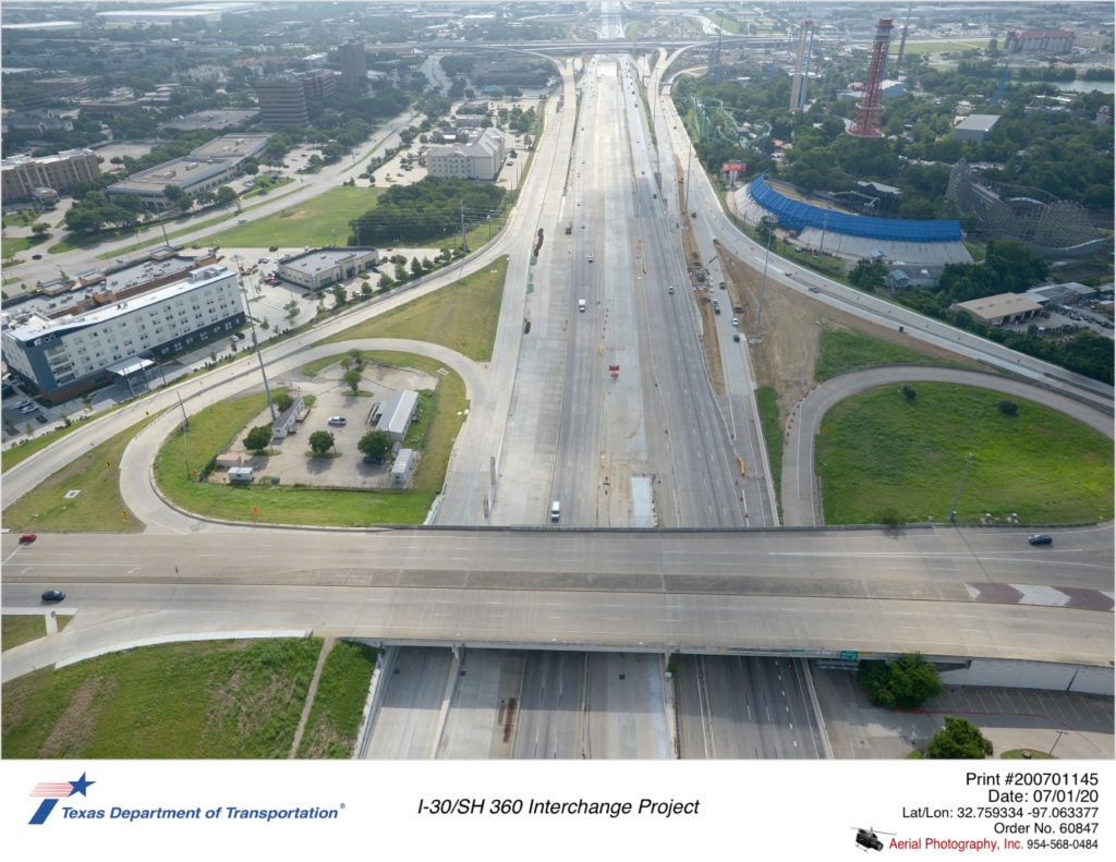 Looking east over I-30/Ballpark Way interchange. Construction of new eastbound exit to Copeland Rd shown.