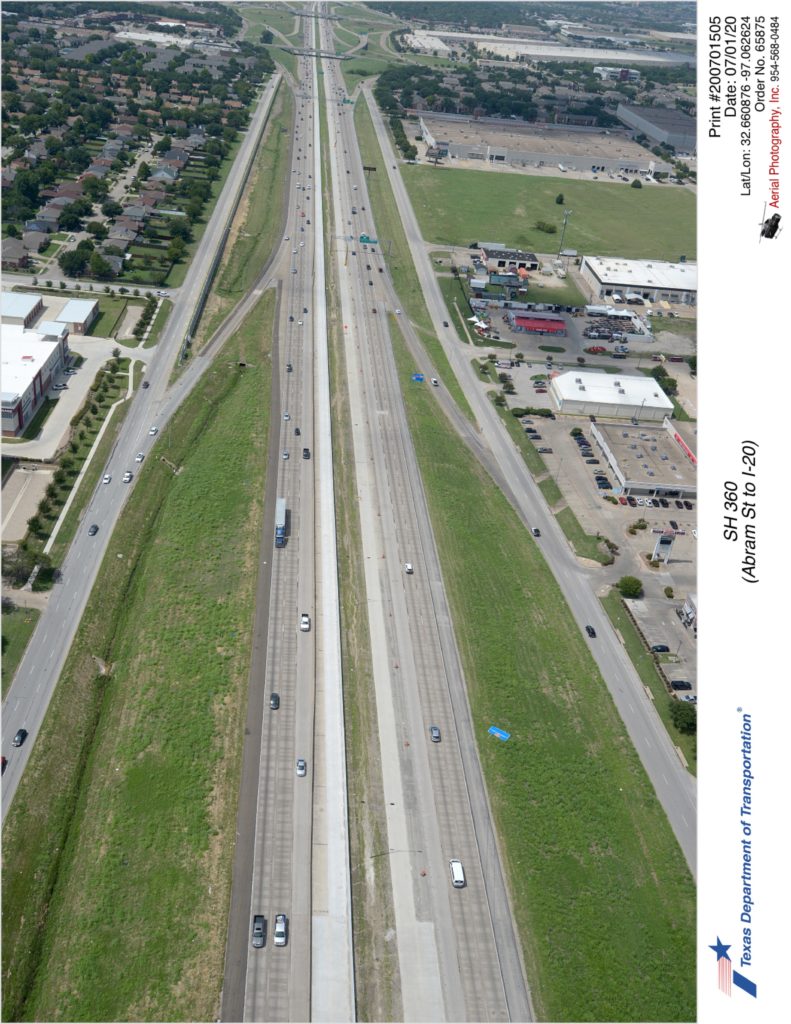 Looking north over SH 360/Mayfield Dr interchange. Completed interior widening shown.