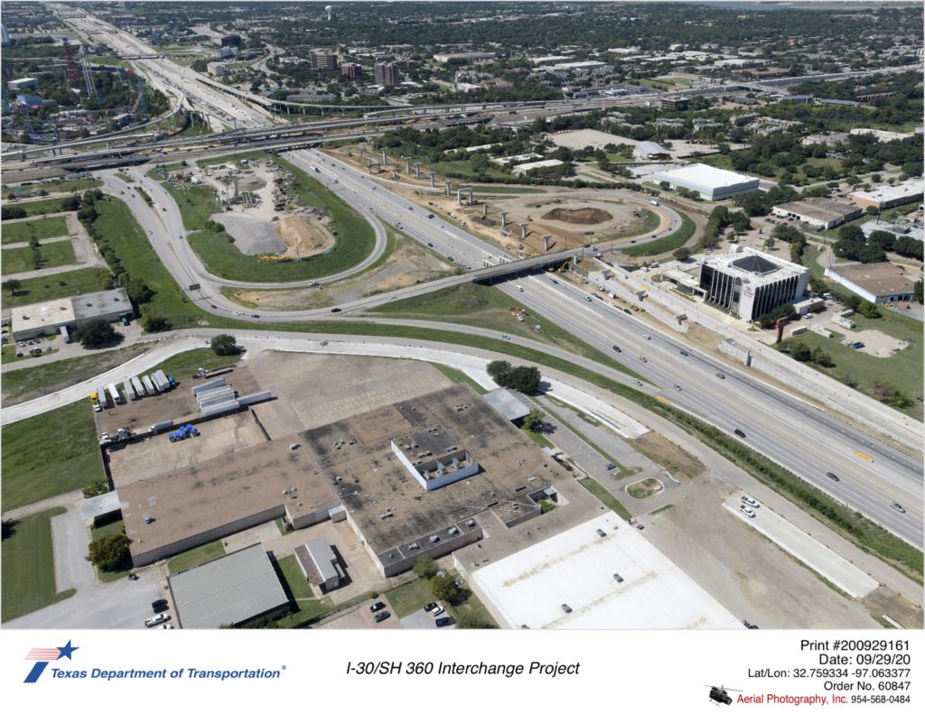 I-30/Six Flags Dr interchange looking northwest. Construction shown on Ave F and new permanent westbound exit to Six Flags Dr.