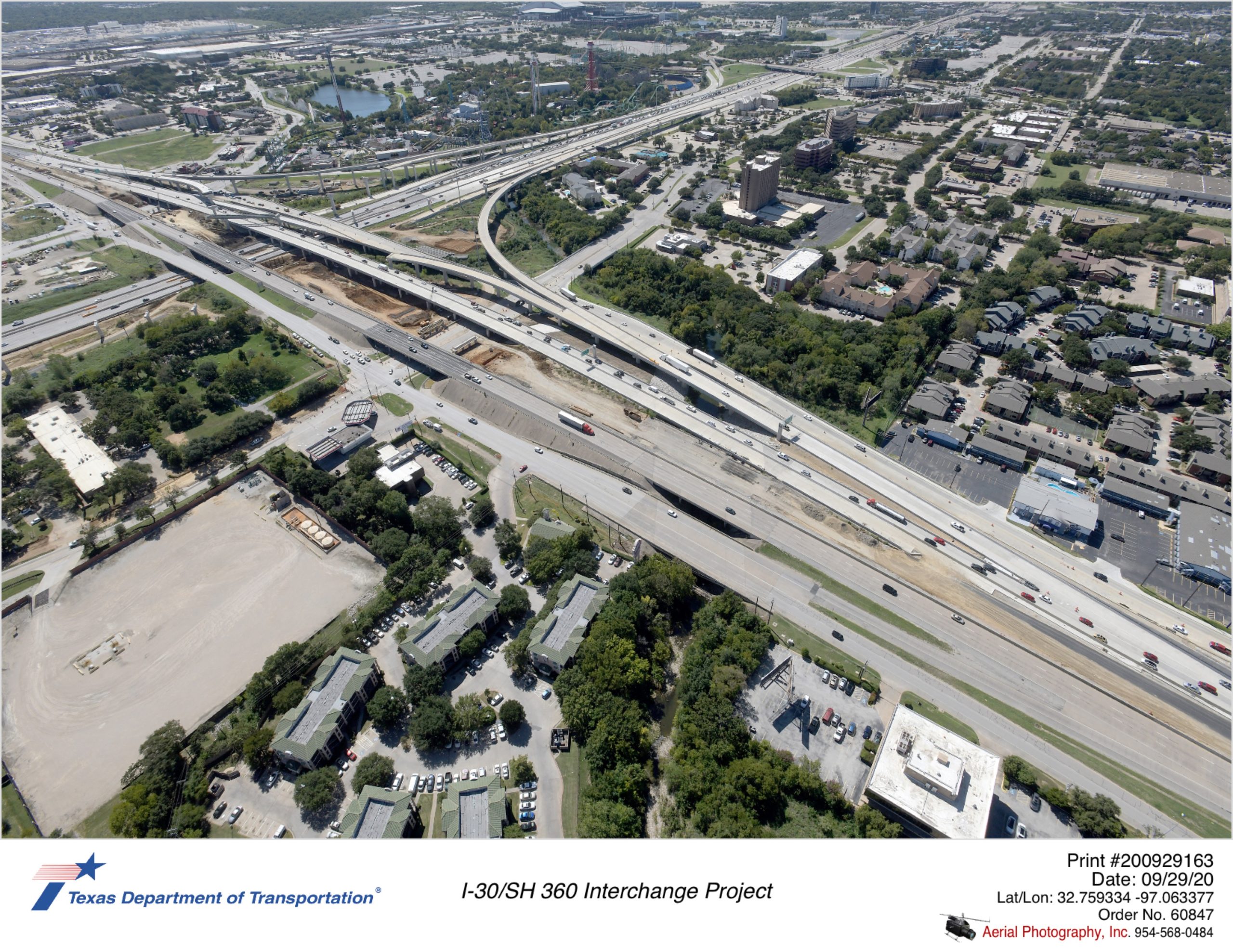 I-30/SH 360 interchange looking southwest. New SH 360 southbound mainlane alignment in use.