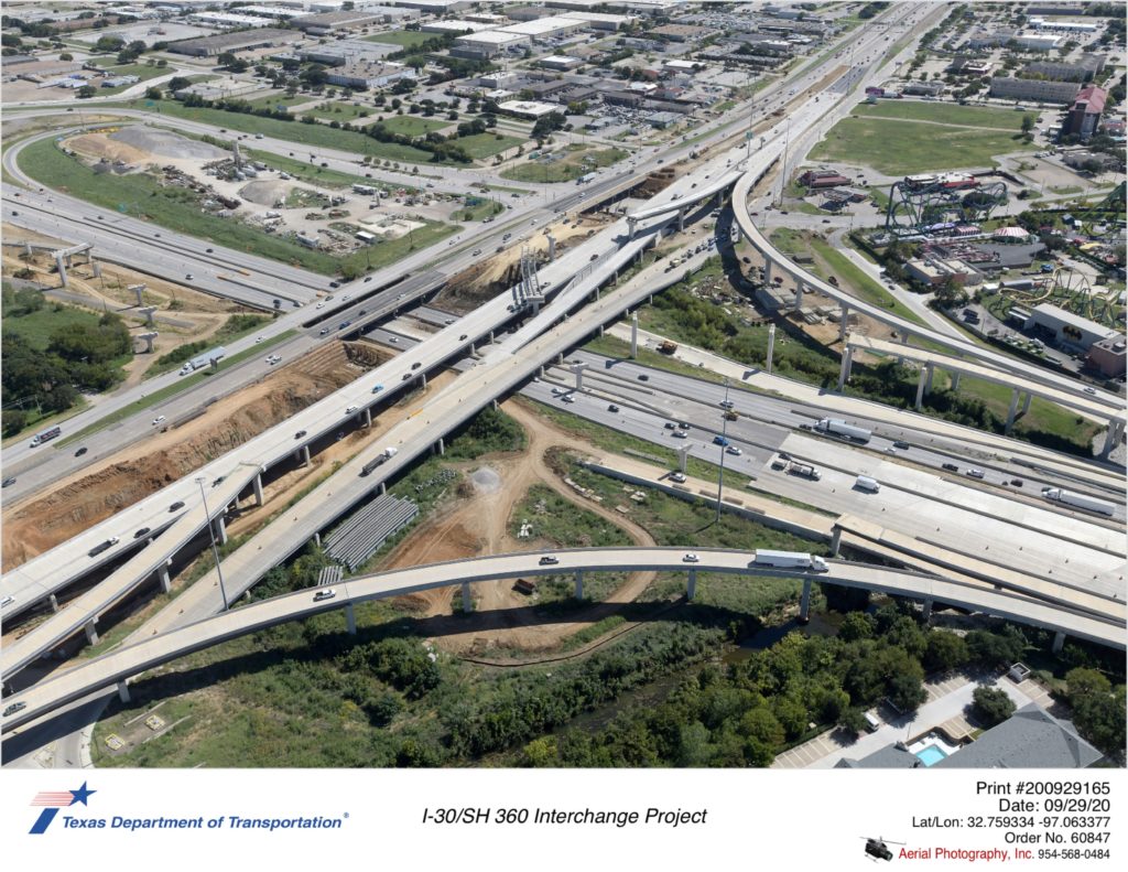 I-30/SH 360 interchange looking southeast. Traffic using new direct connector ramps connecting south-to-west and east-to-south.