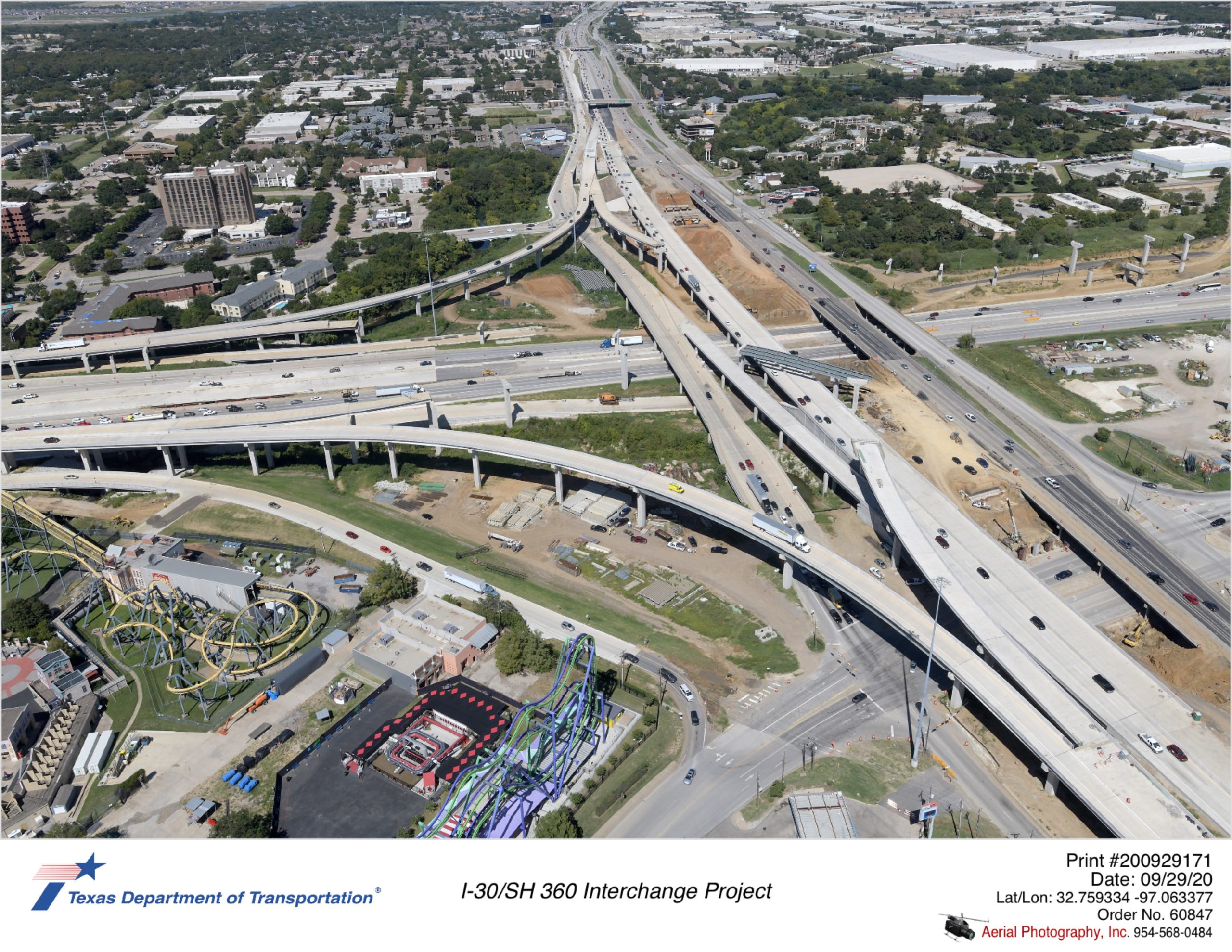 I-30/SH 360 interchange looking north northeast at new SH 360 southbound mainlane bridge in service and new direct connectors now in service.
