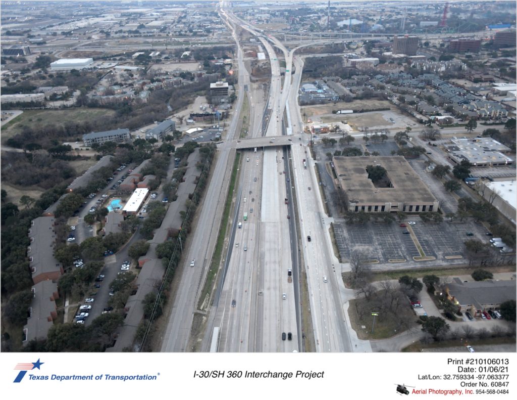 Over SH 360 looking south with Ave J interchange in mid-ground.