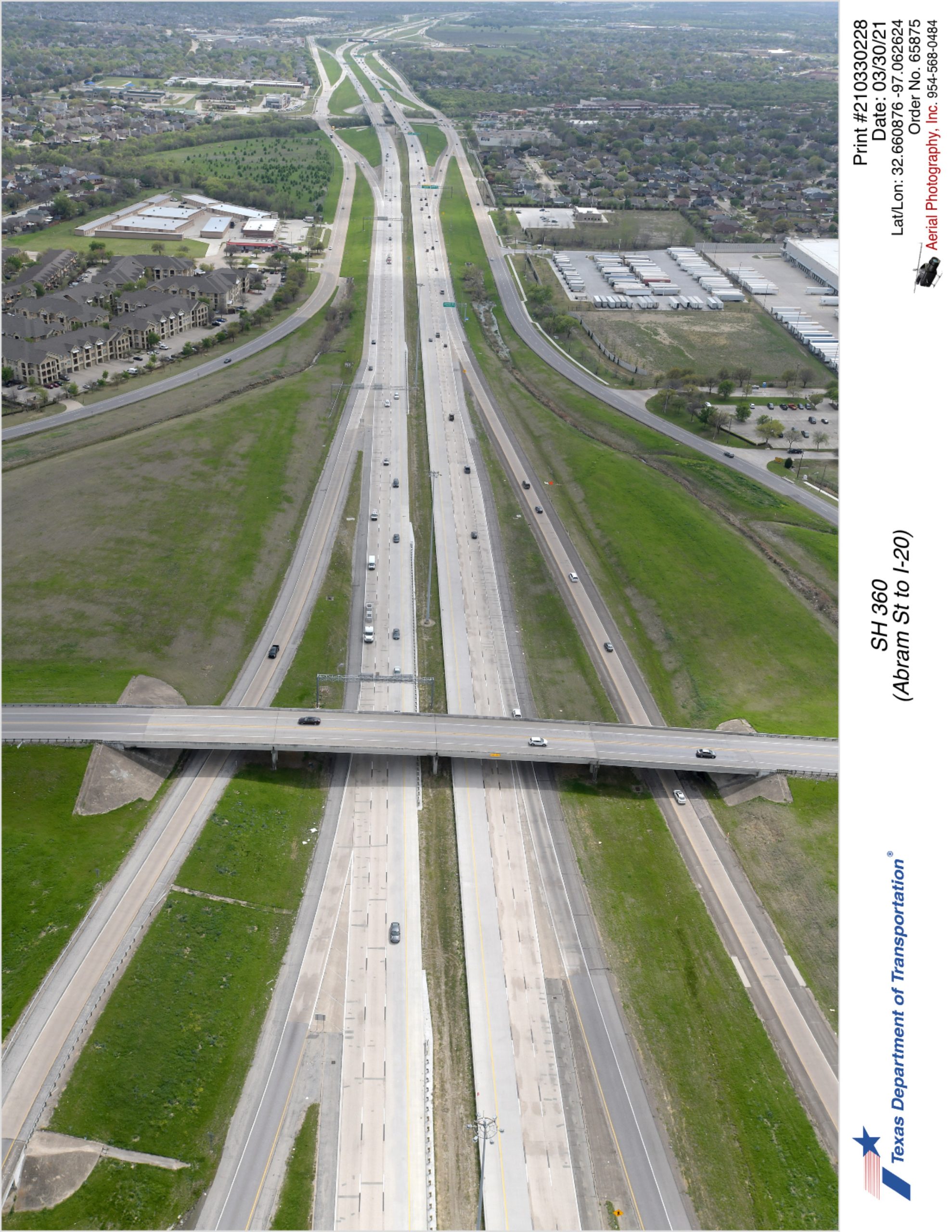SH 360 looking south over I-20 interchange with Bardin Rd interchange in foreground. Completed interior lanes in use.