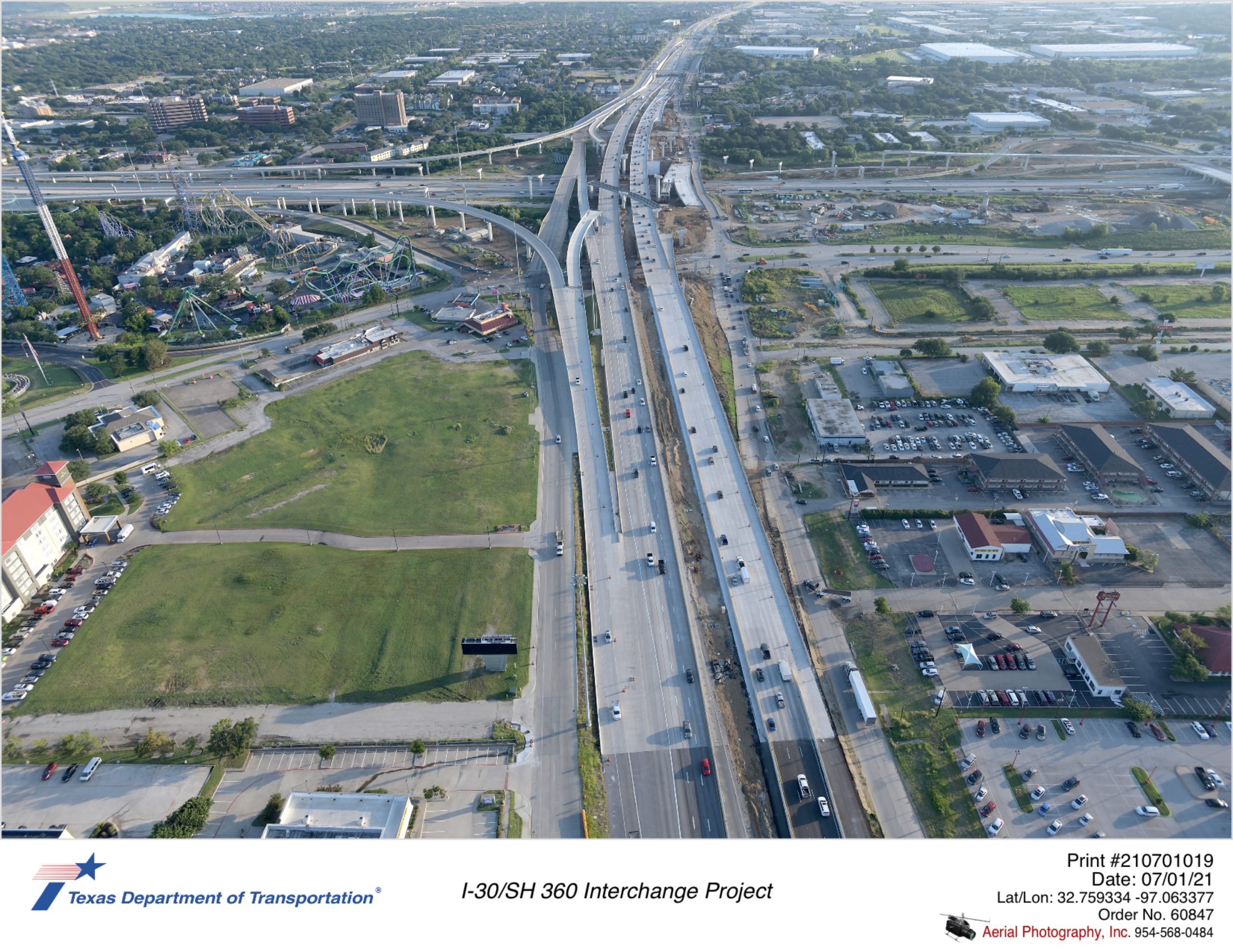 SH 360 looking north at I-30 interchange. SH 360 northbound traffic on new permanent alignment.