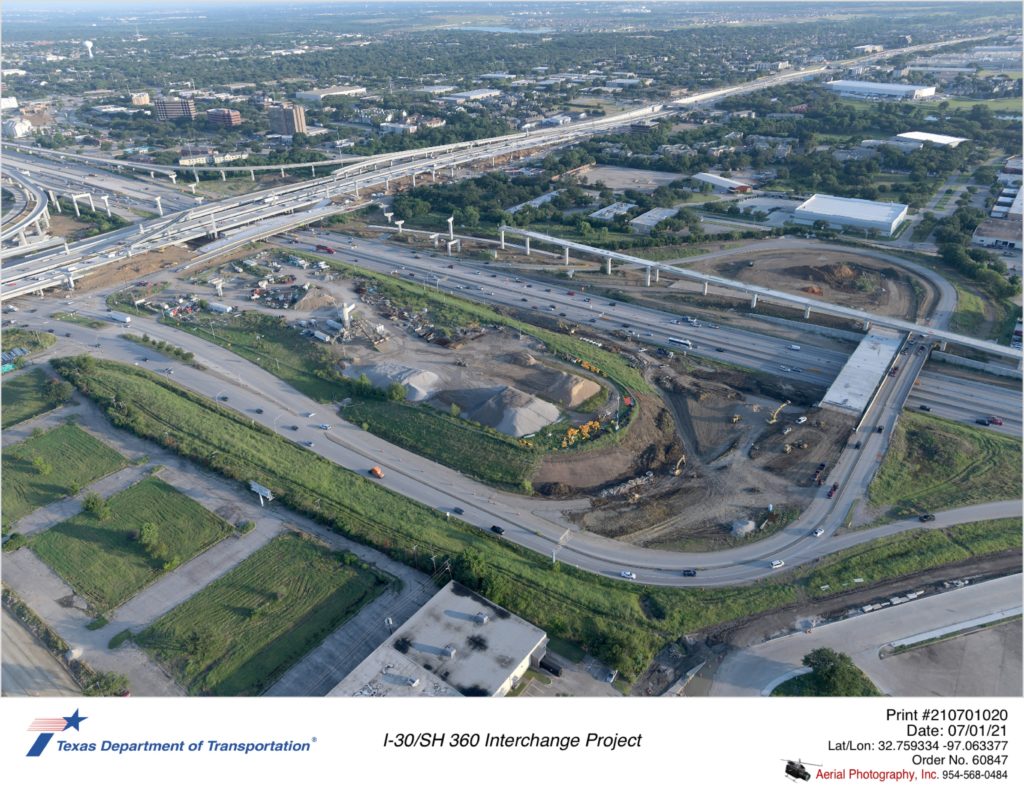 I-30 and SH 360 interchange looking northwest over Six Flags Dr