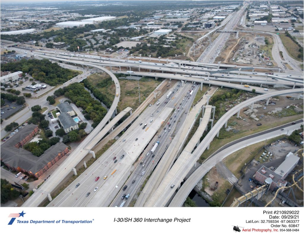 I-30/SH 360 interchange looking east. Construction activity focused east of SH 360.