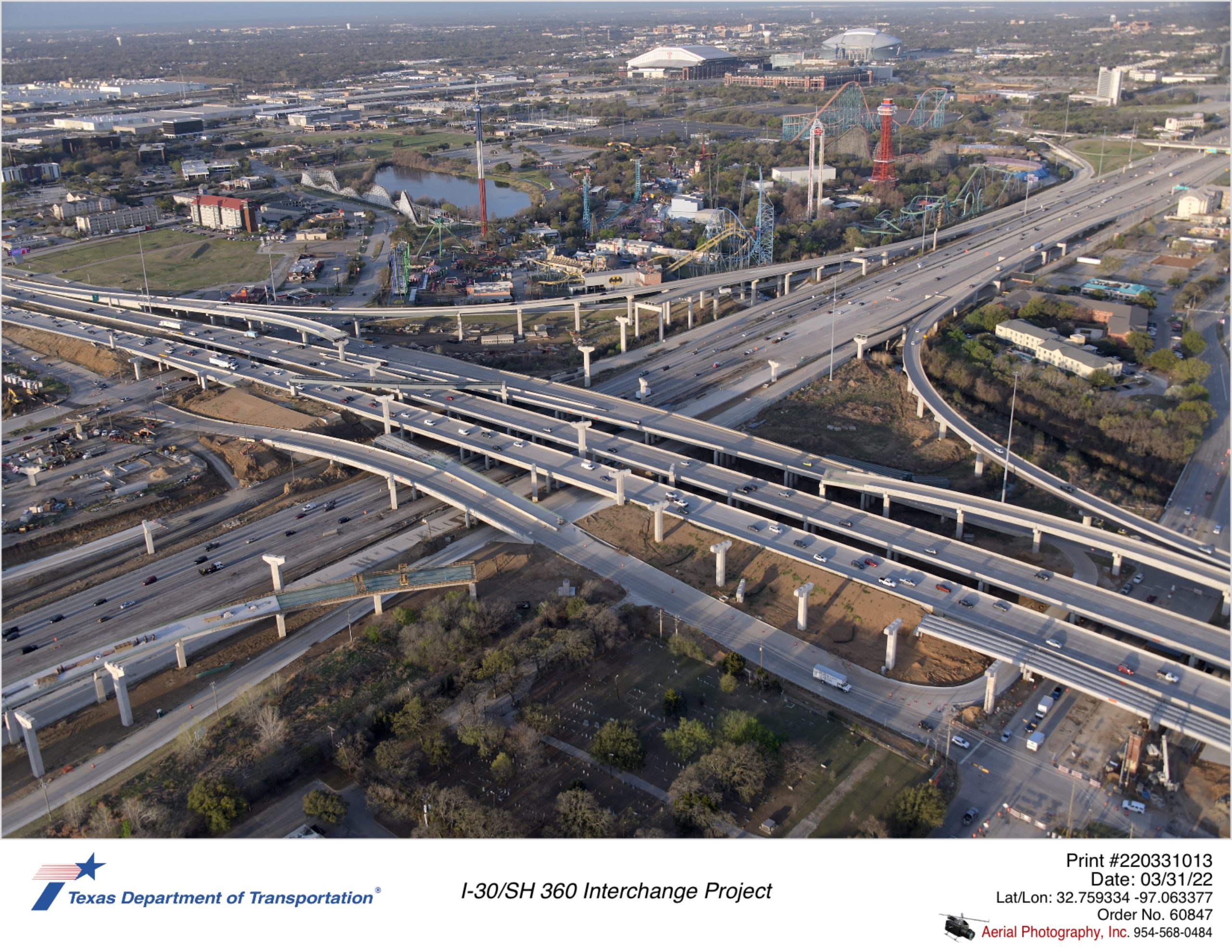 I-30/SH 360 interchange looking southwest over Lamar Blvd. Progress shown building the west to north connector ramp.