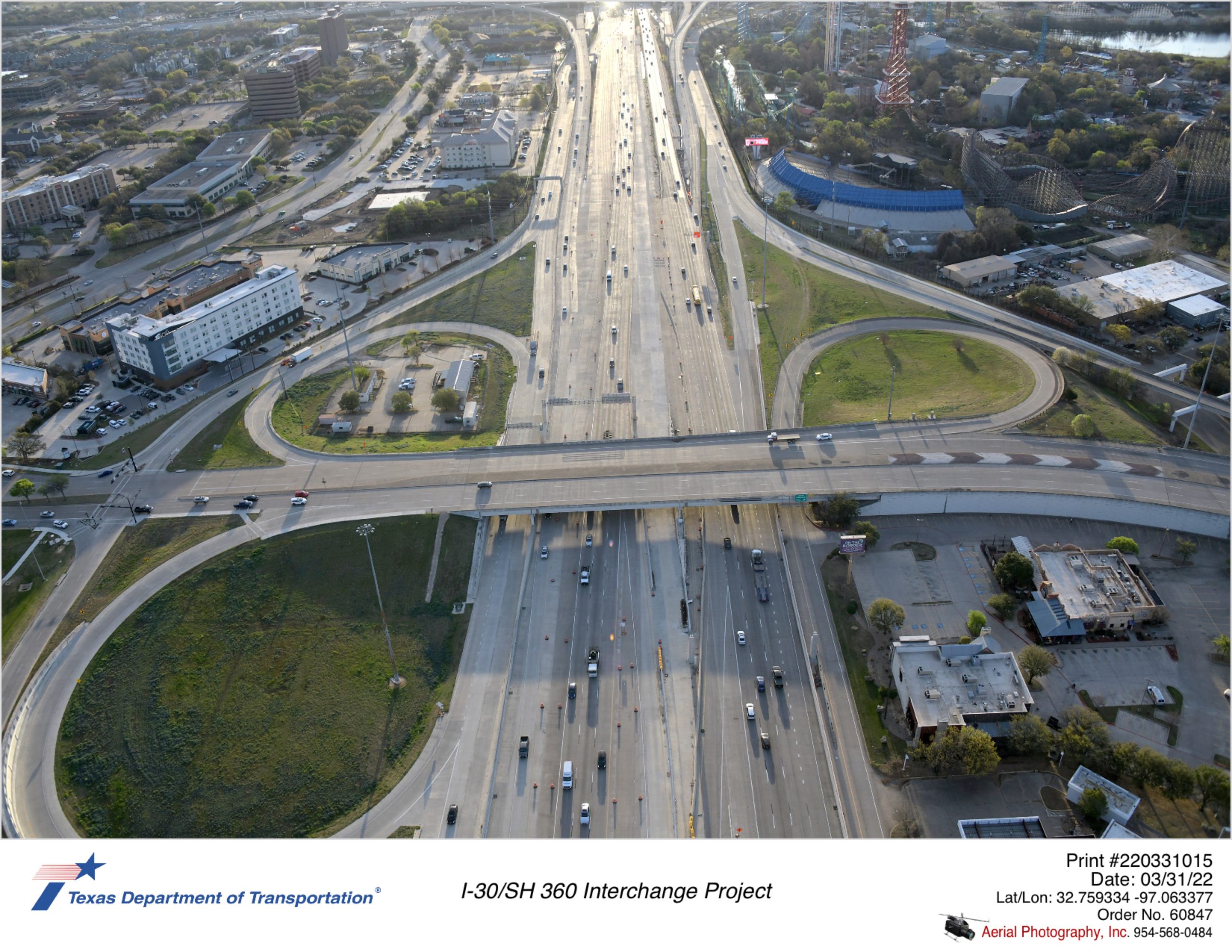 I-30 looking west with Ballpark Way interchange in foreground.