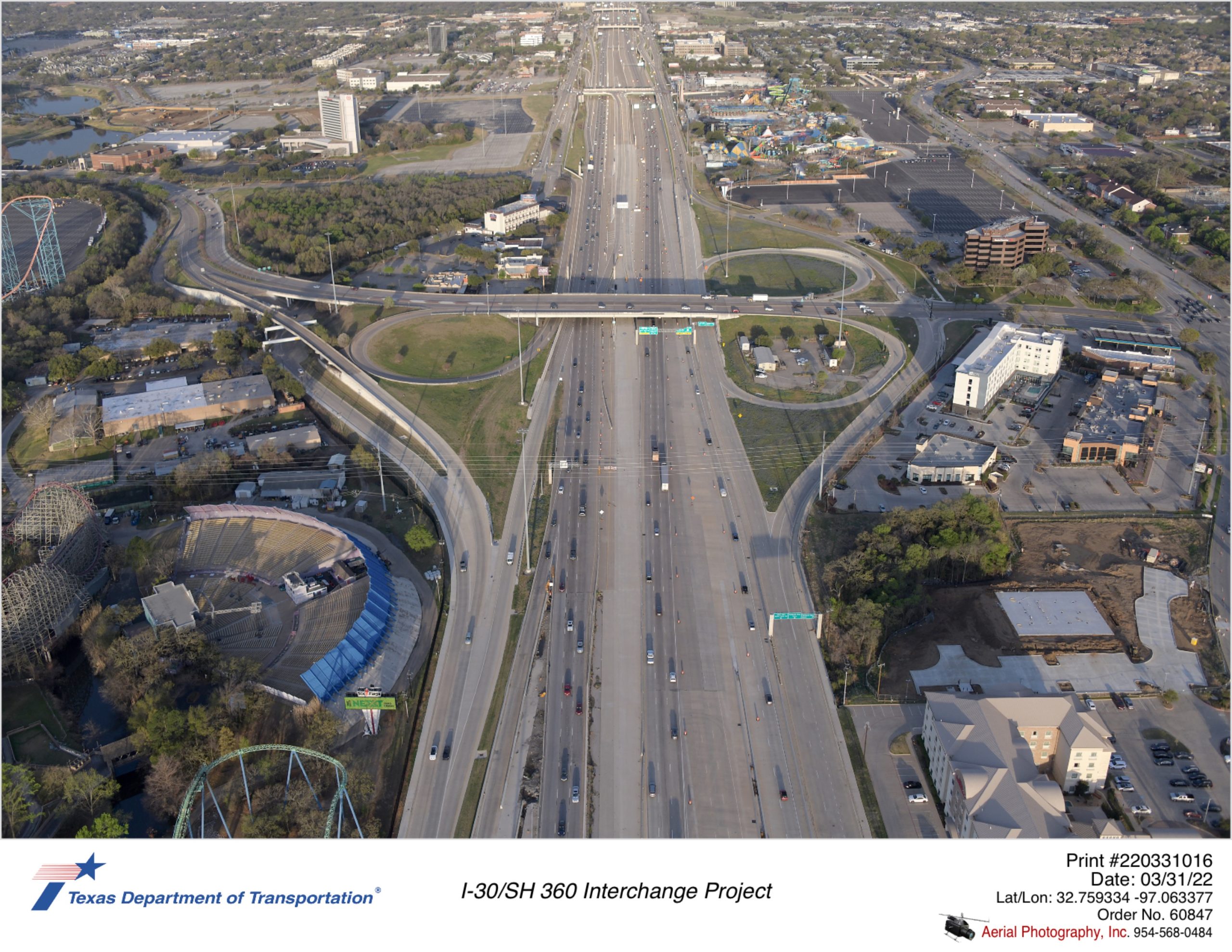 I-30 looking west with Ballpark Way interchange in mid-ground.