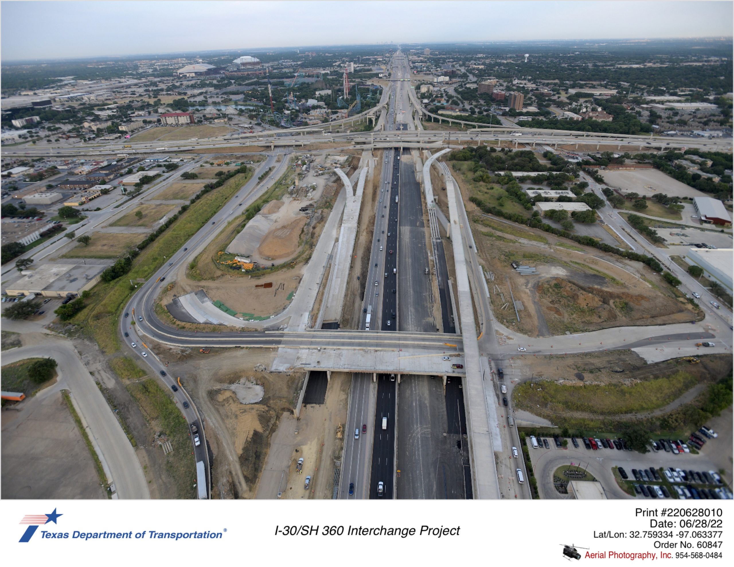 I-30/Six Flags Dr interchange in foreground and I-30/SH 360 interchange in background.