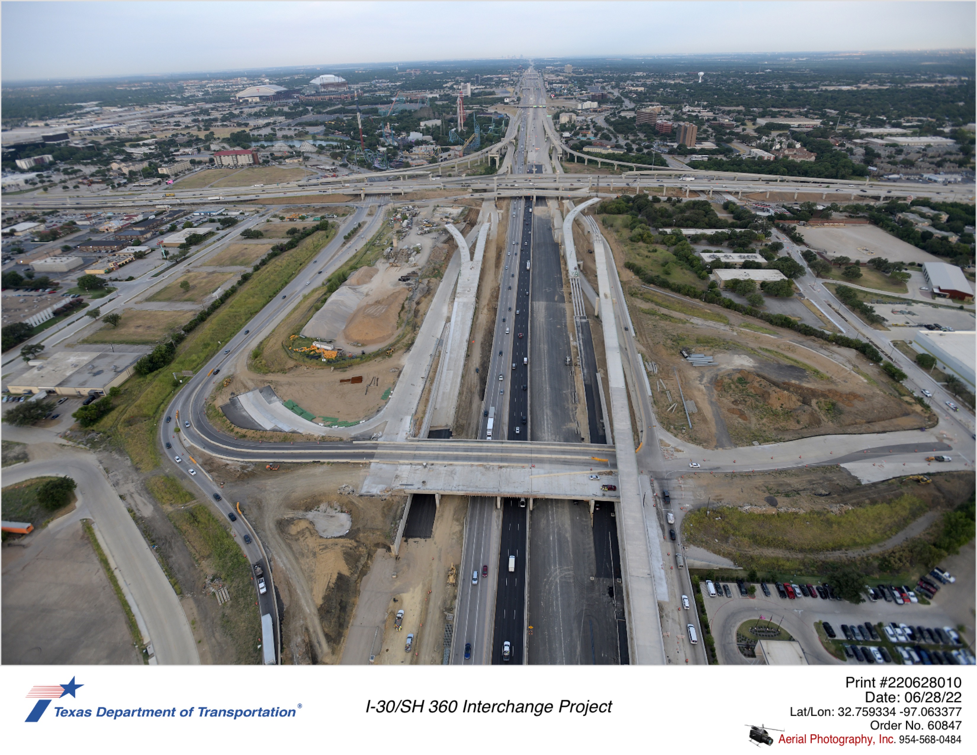 I-30/Six Flags Dr interchange in foreground and I-30/SH 360 interchange in background.