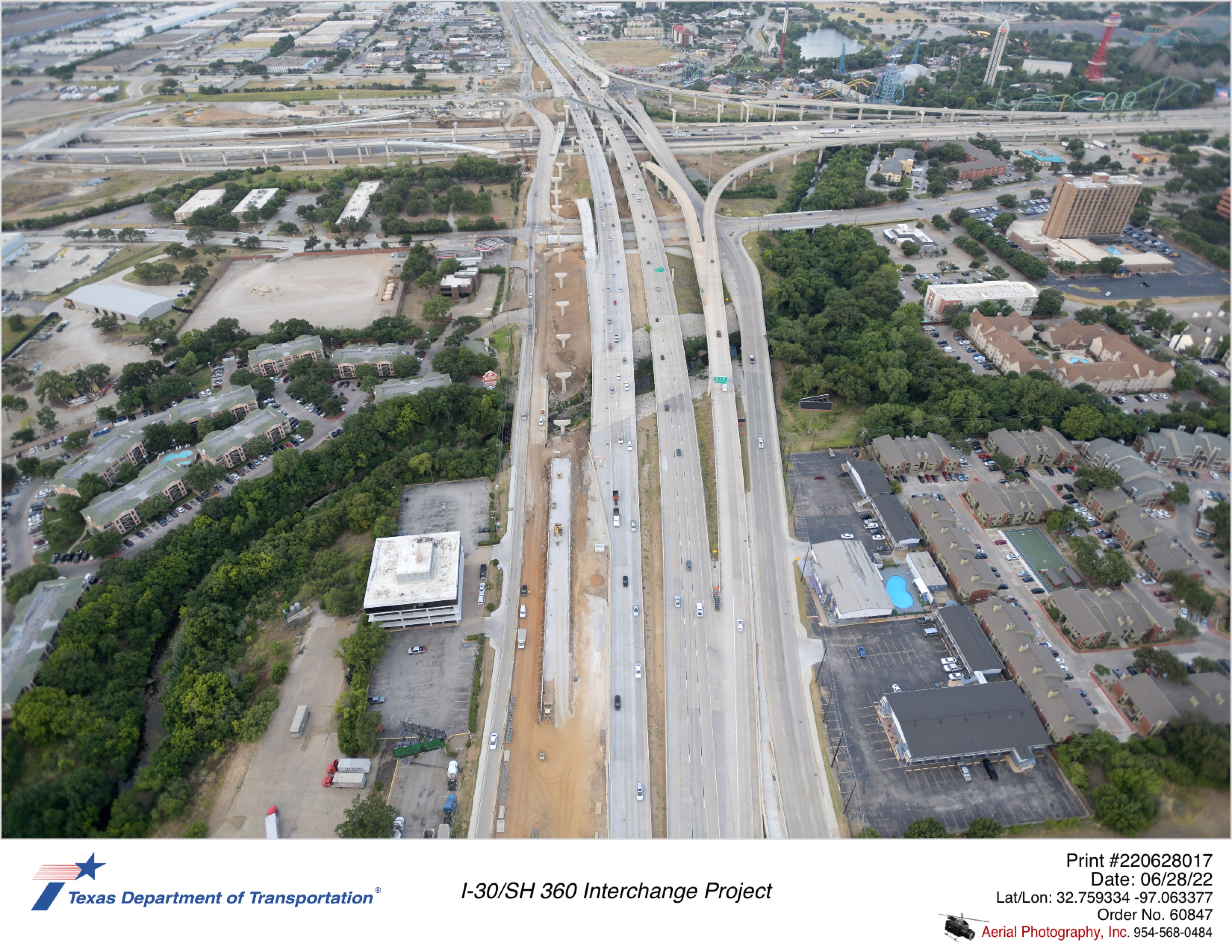 SH 360 looking south at I-30 interchange. Construction of northbound frontage road and direct connectors is shown.