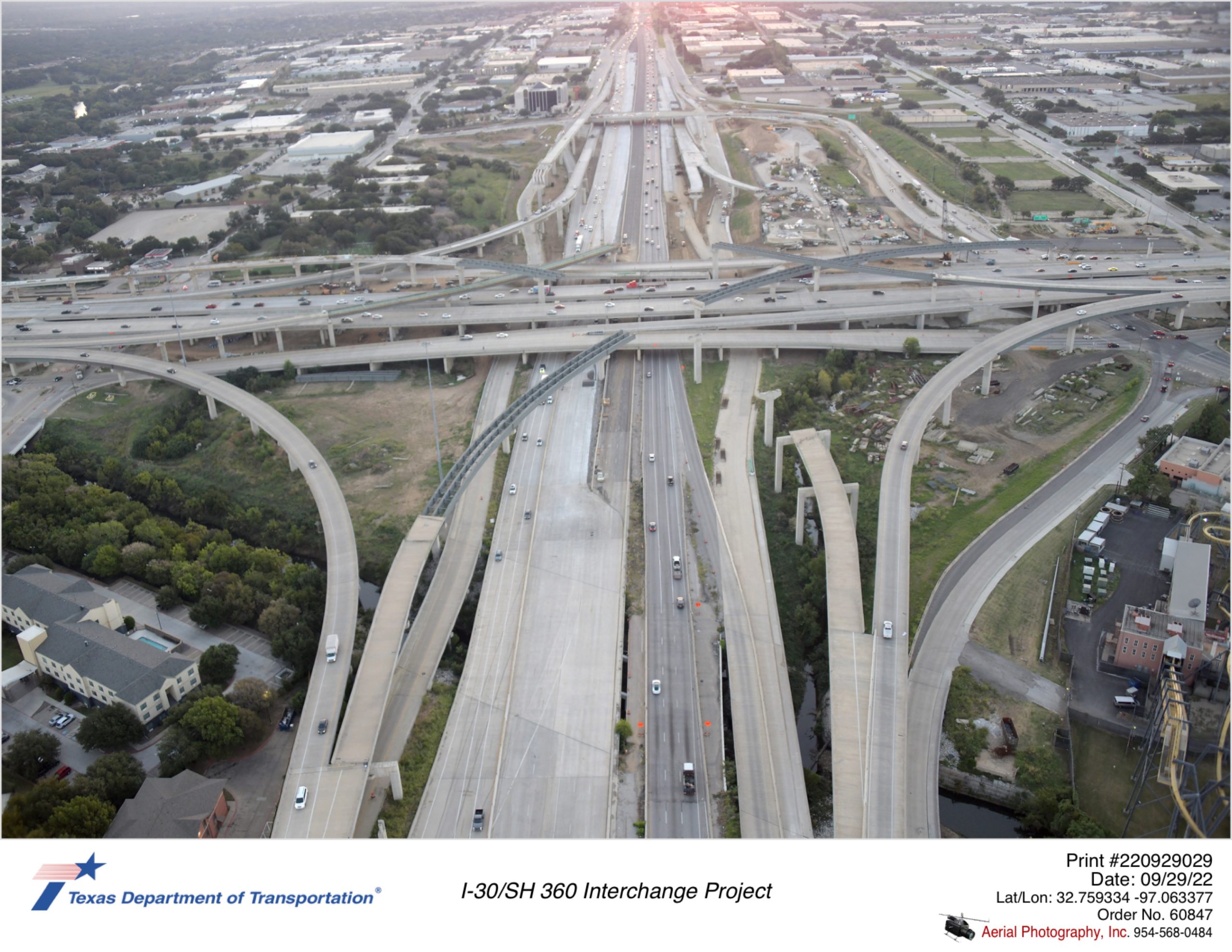 I-30 looking east at SH 360 interchange. Construction of direct connectors continues.