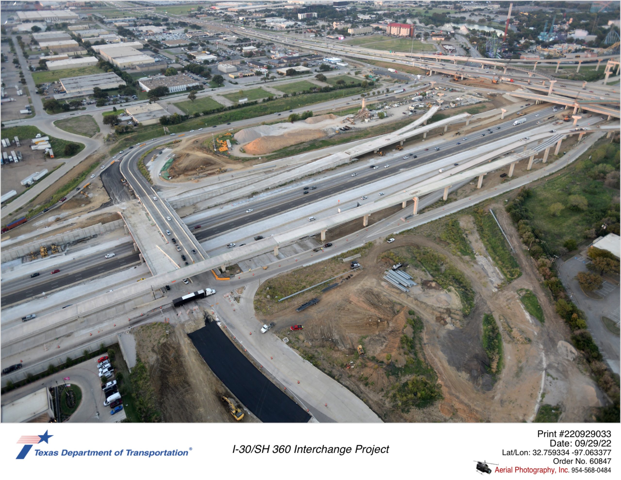 I-30/Six Flags Dr interchange looking southwest. Construction continues for northbound Six Flags Dr across I-30.