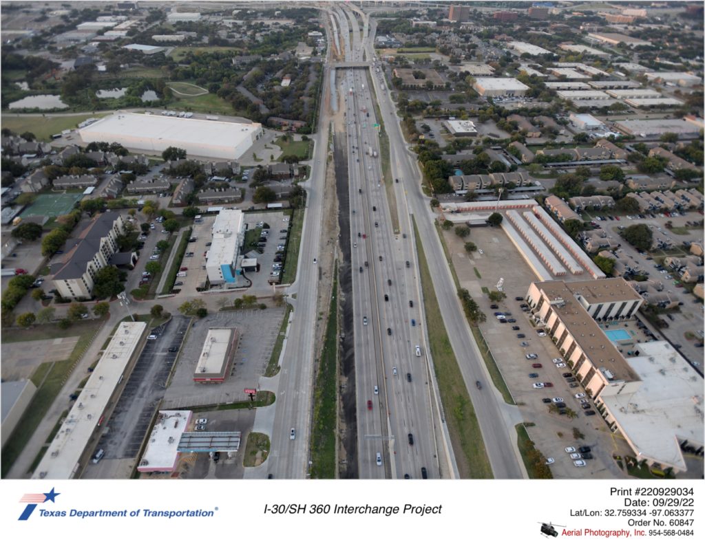 SH 360 looking south over Brown Blvd/Ave K with Ave J interchange iin background.
