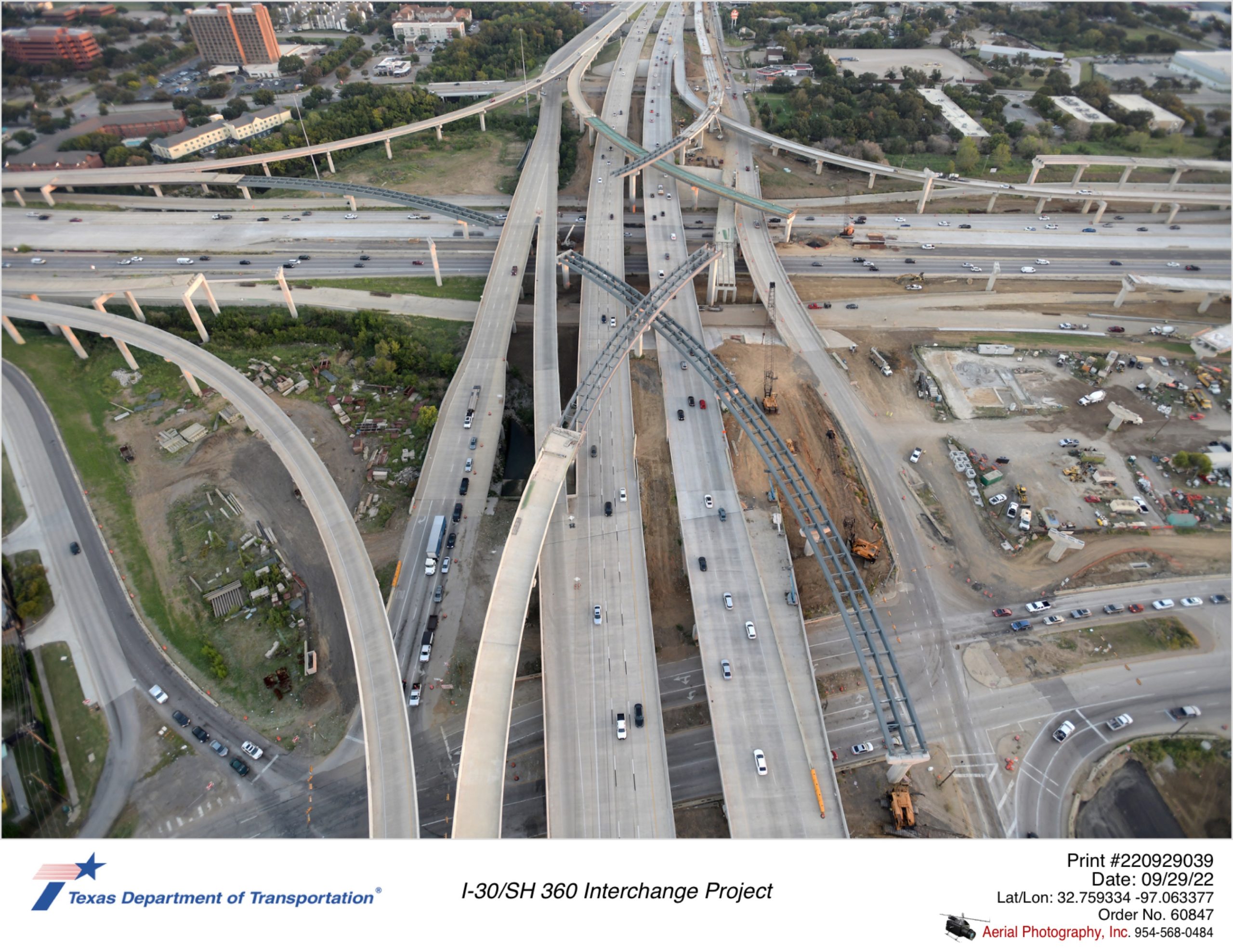 SH 360 looking north at I-30 interchange. Construction of direct connectors continues.