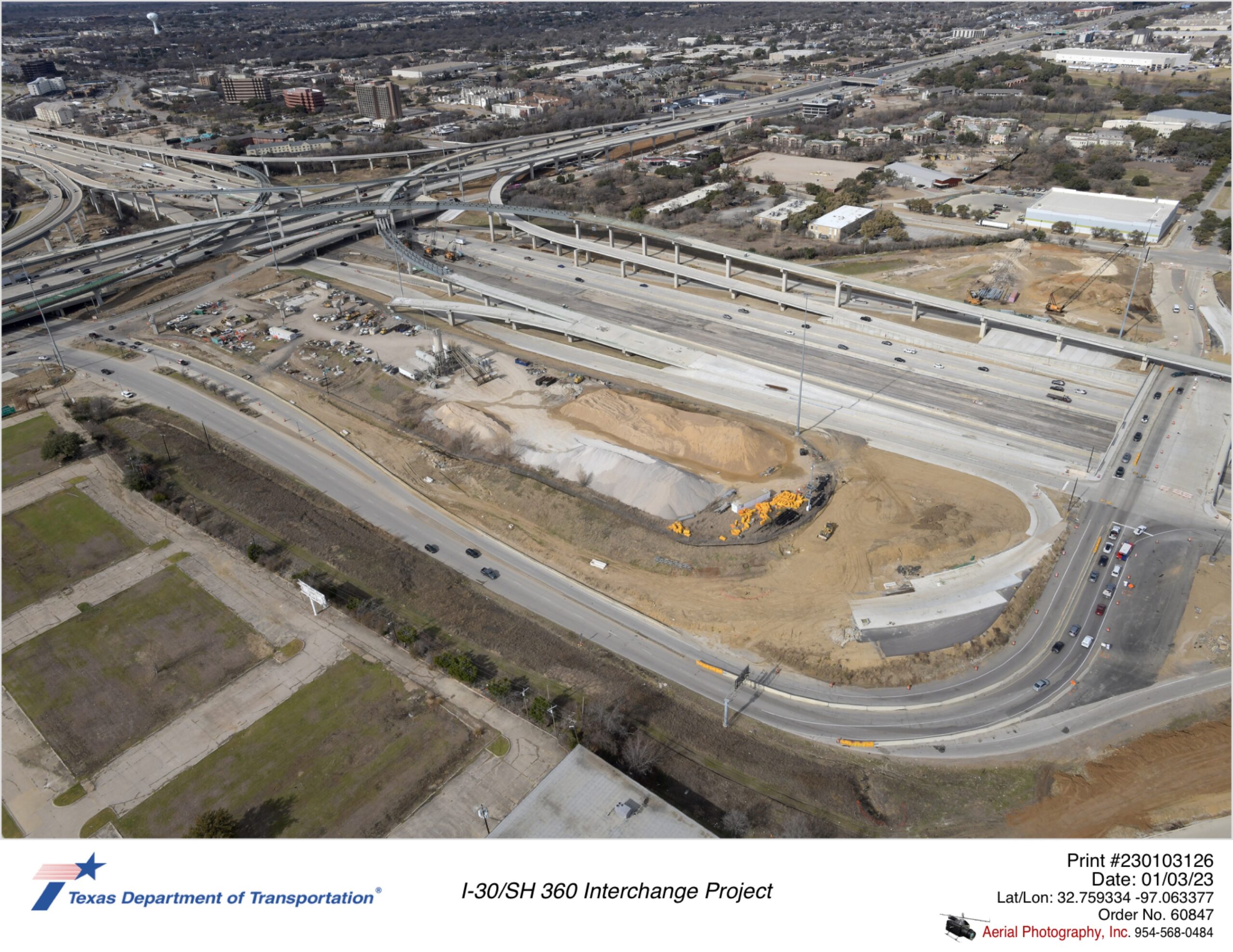I-30 looking northwest over the Six Flags Drive and SH 360 interchanges.