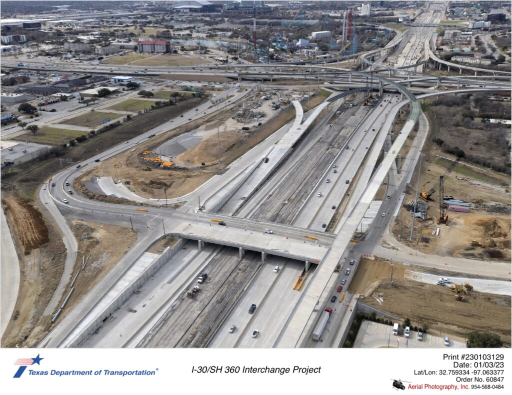 I-30 looking southwest at Six Flags Drive and SH 360 interchanges.