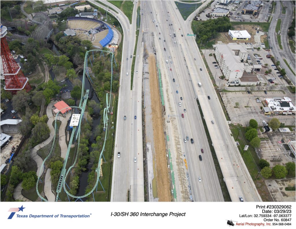 I-30 looking west over Johnson Creek focusing on I-30 eastbound mainlane construction. March 2023.